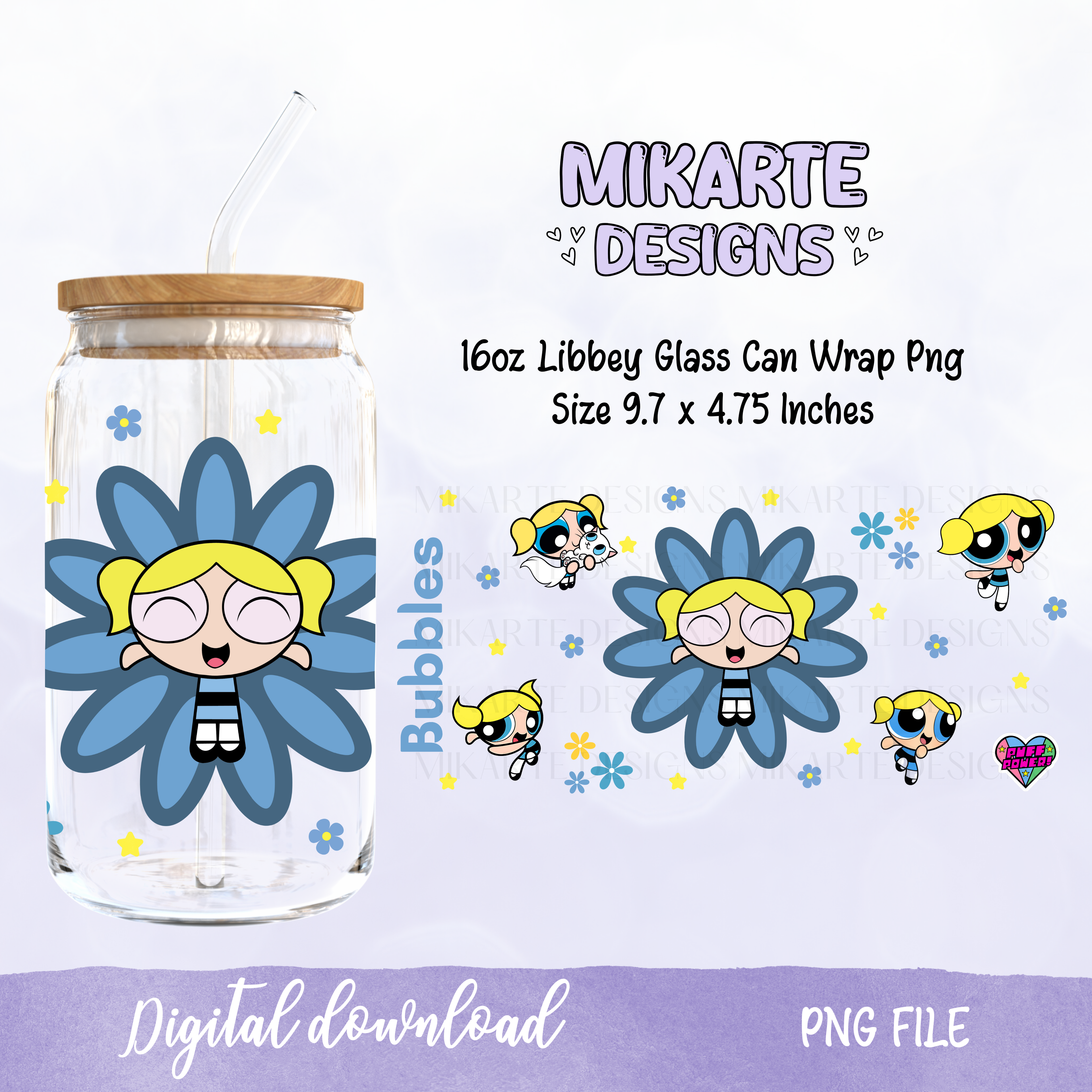 Blue Super Power Girl | 16oz Glass Can PNG Digital Design