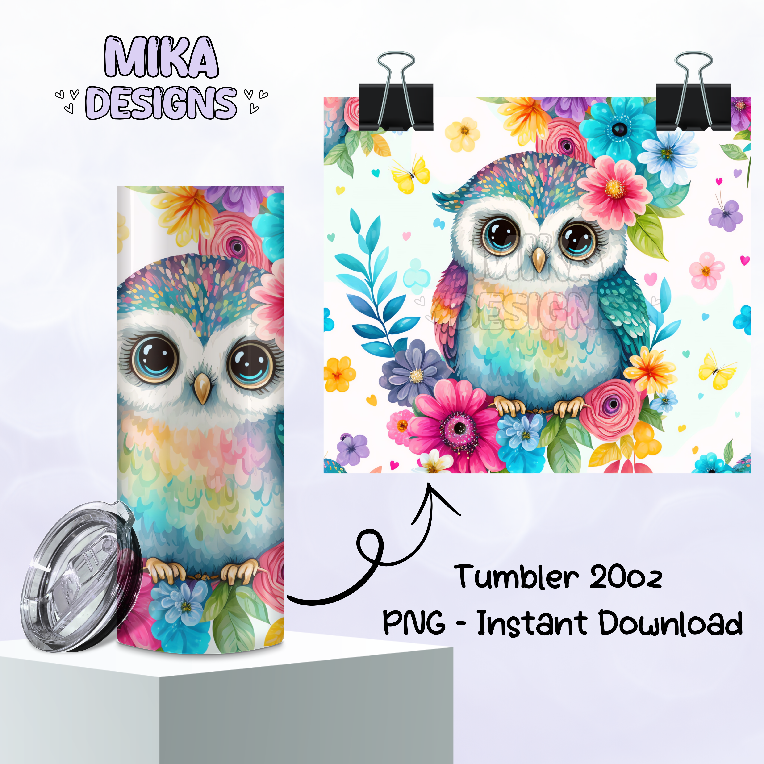Owl with colorful flowers | Tumbler PNG Digital Design