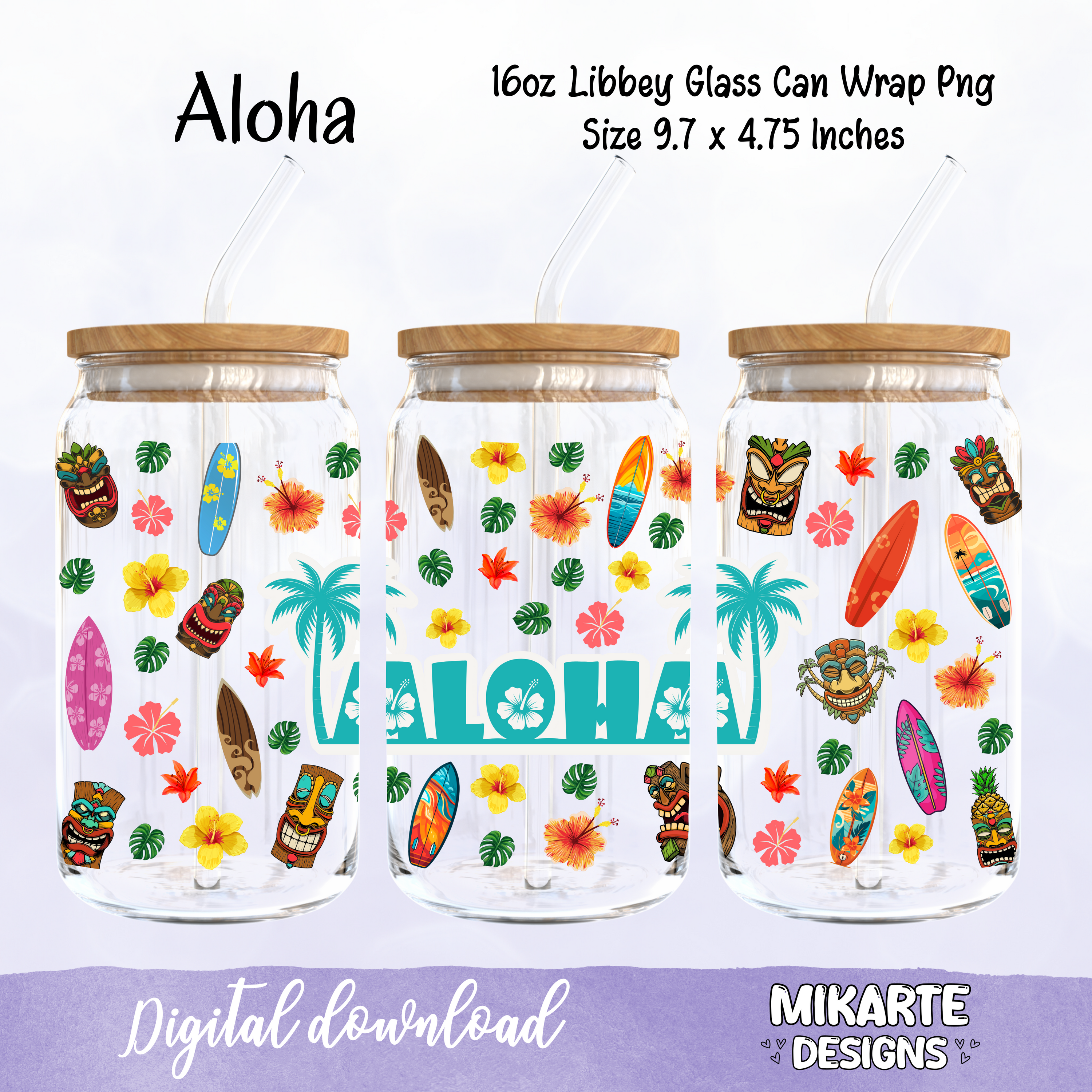 Aloha | Diseño Digital PNG Vaso de Cristal de 16oz