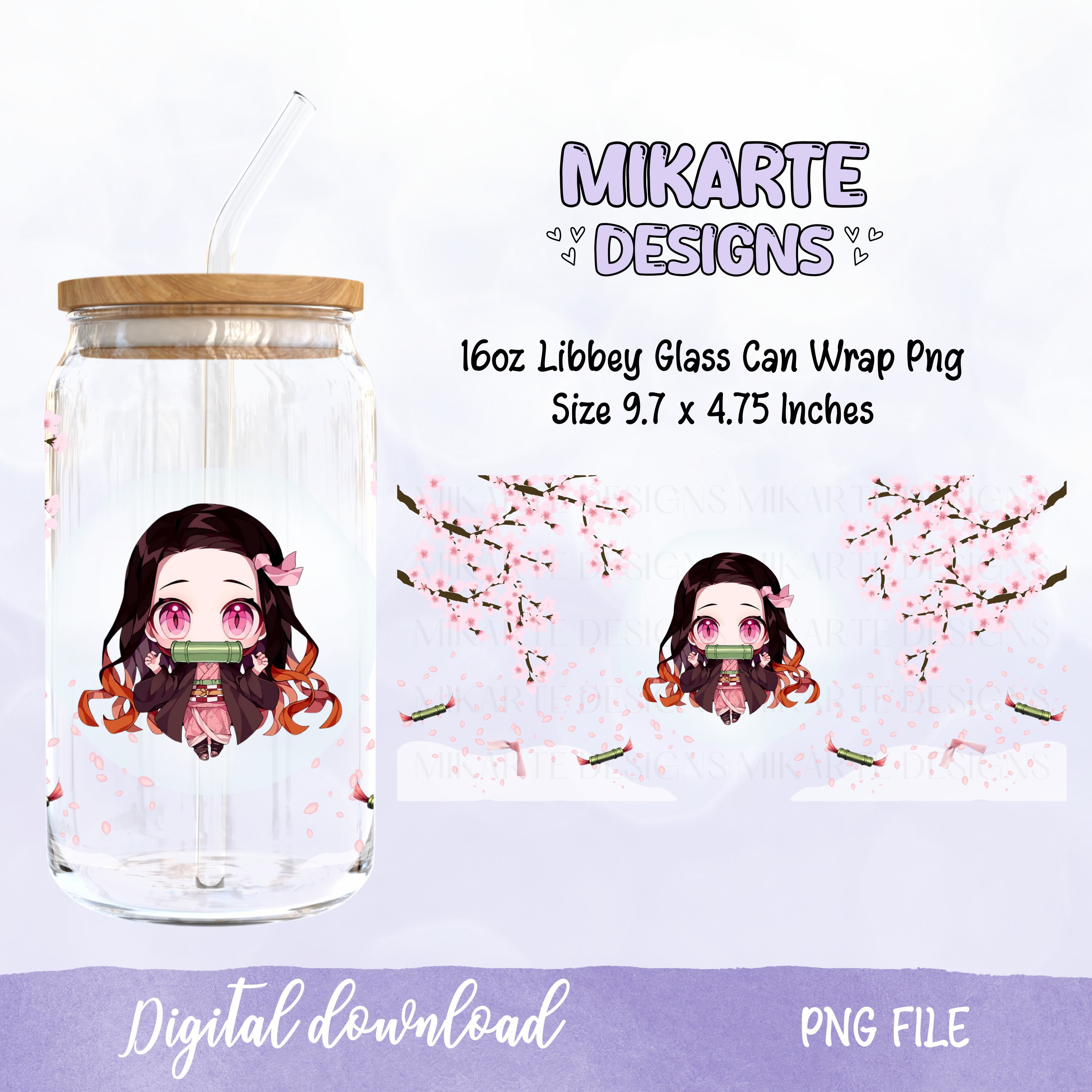 Nezuko | Diseño Digital PNG de Vaso de Vidrio de 16oz