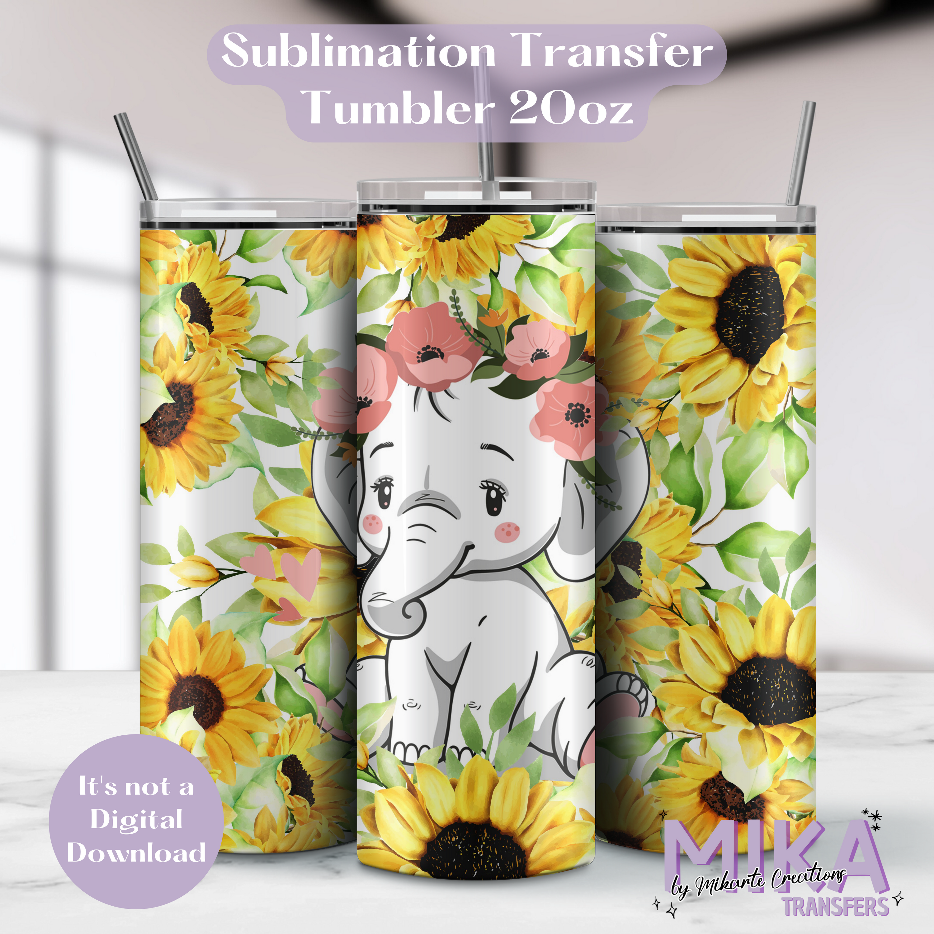 Elephant and Sunflowers | Tumbler Sublimation Transfer