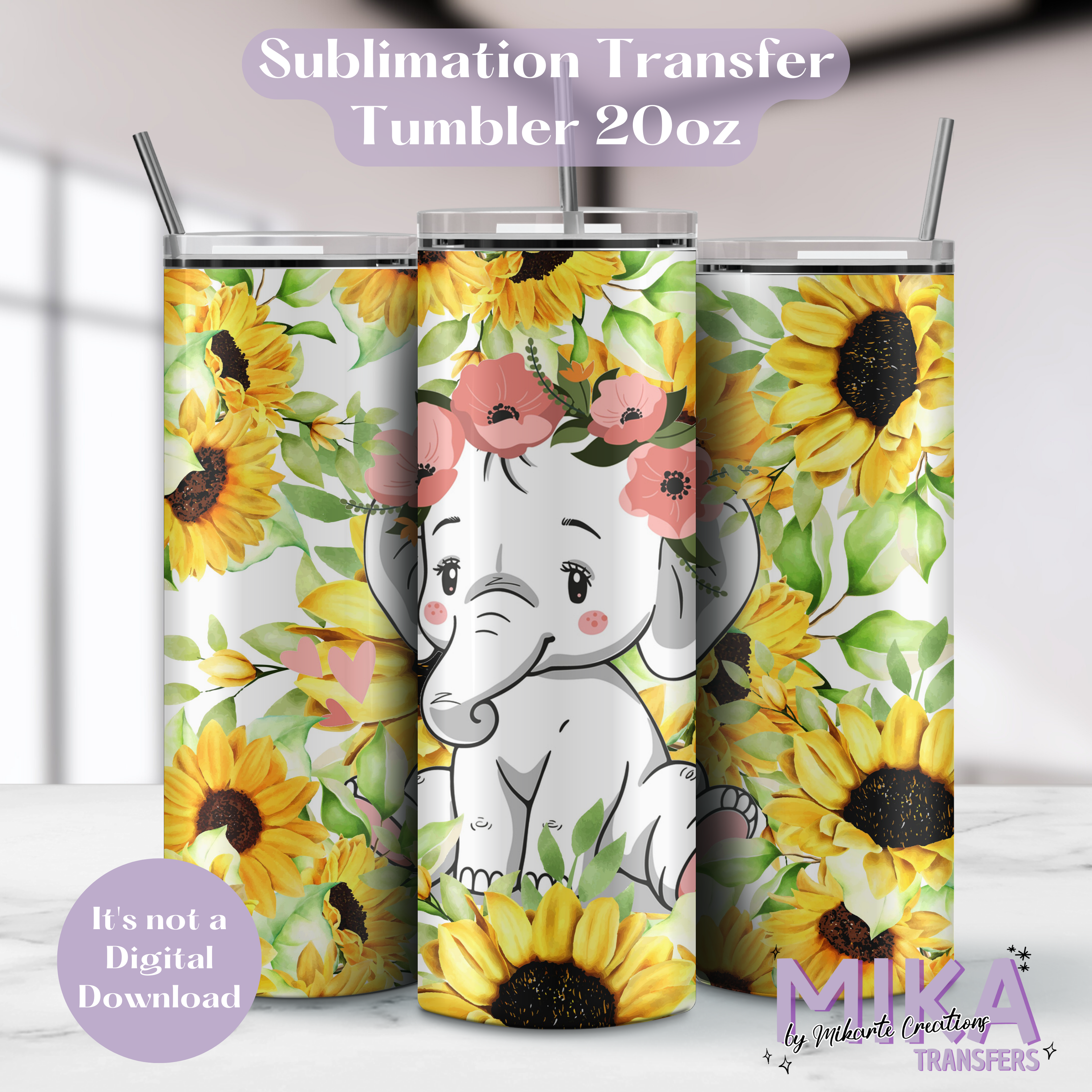 Elephant and Sunflowers | Tumbler Sublimation Transfer