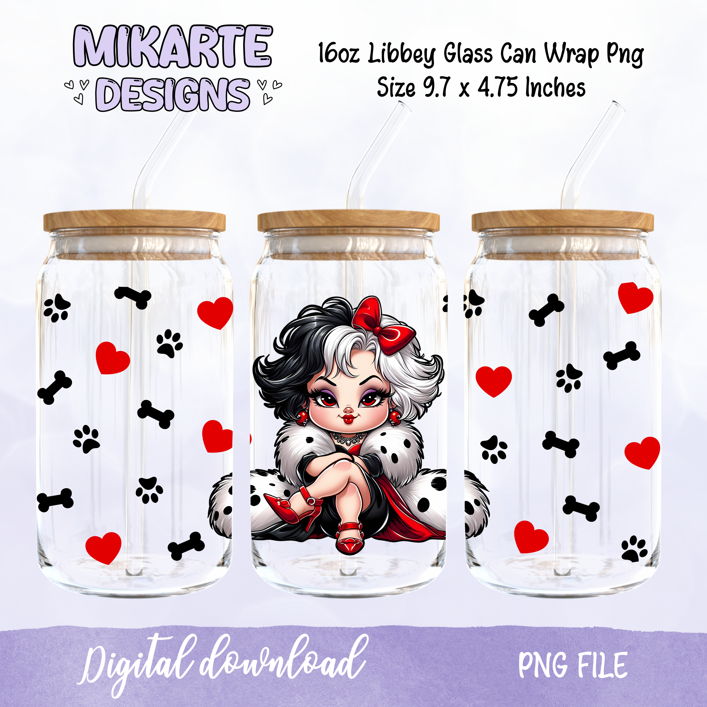 Cruella Malvada | Diseño Digital PNG para Vaso de Vidrio de 16oz