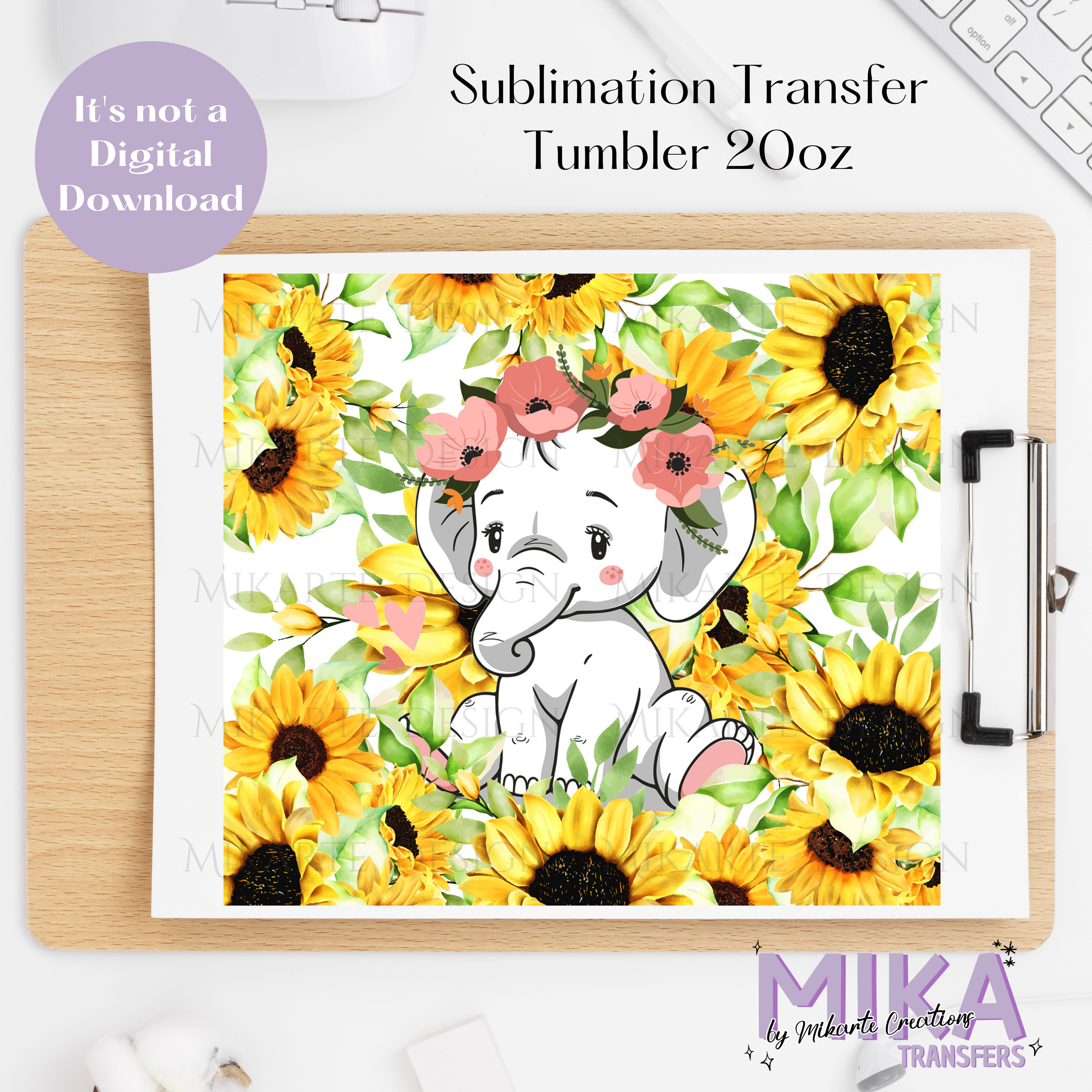 Elephant and Sunflowers | Tumbler Sublimation Transfer