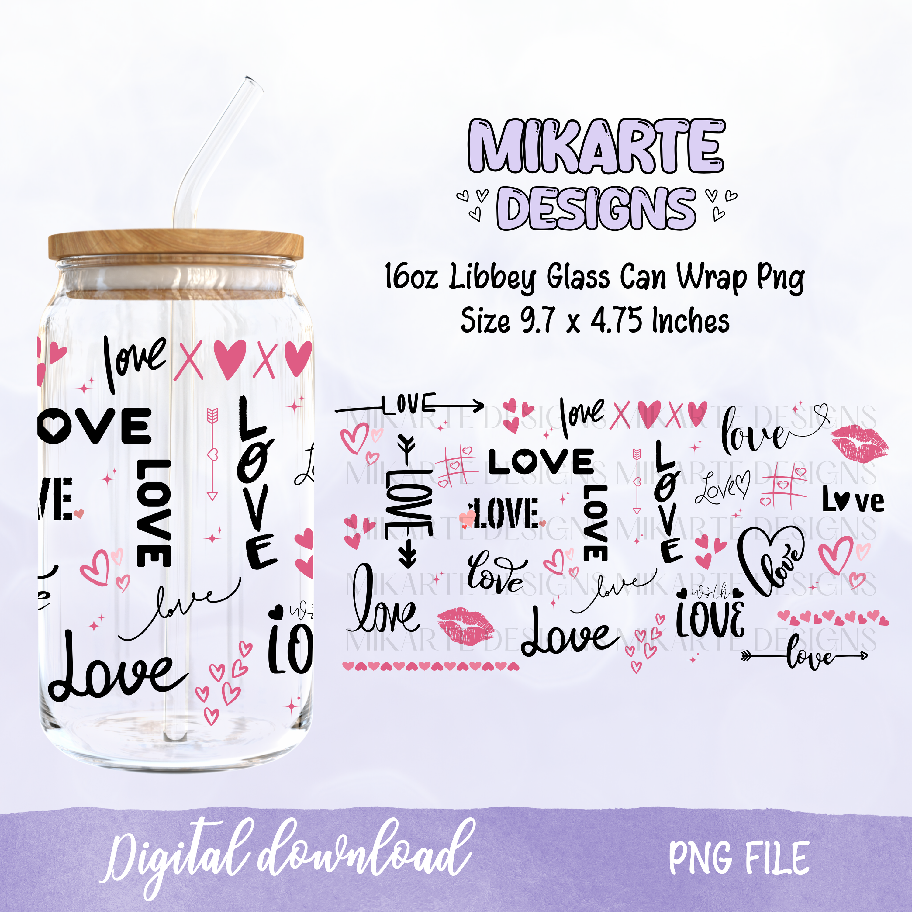 Corazones de Amor | Diseño Digital PNG para Vaso de Vidrio de 16oz