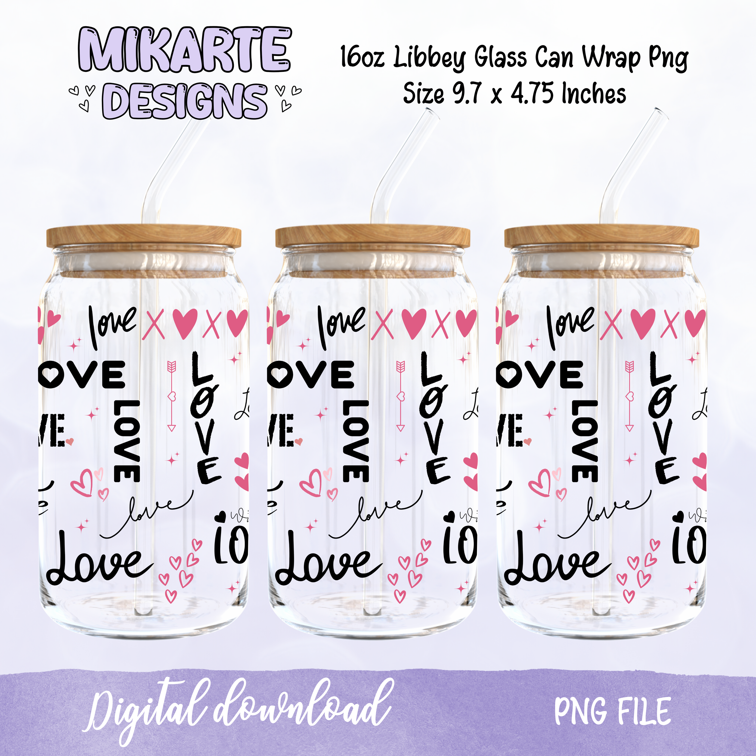 Corazones de Amor | Diseño Digital PNG para Vaso de Vidrio de 16oz