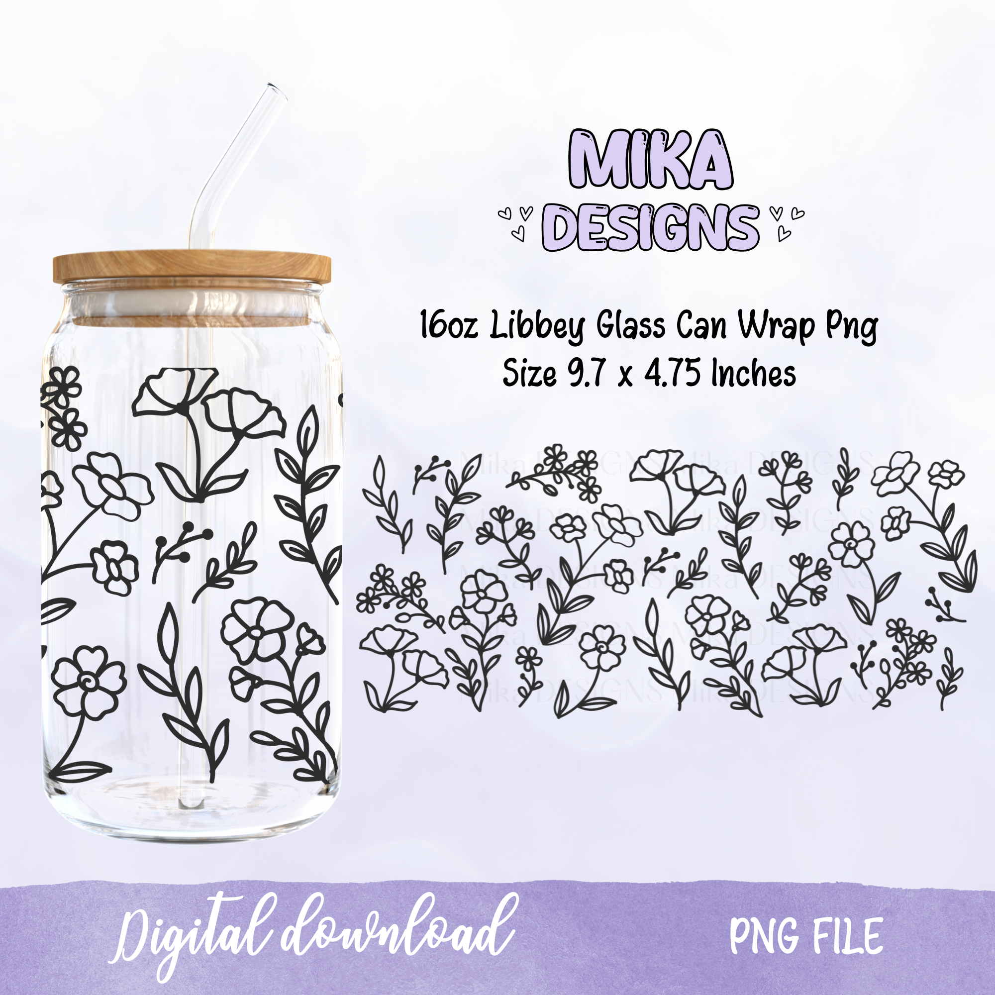 Line Flower | 16oz Glass Can PNG Digital Design