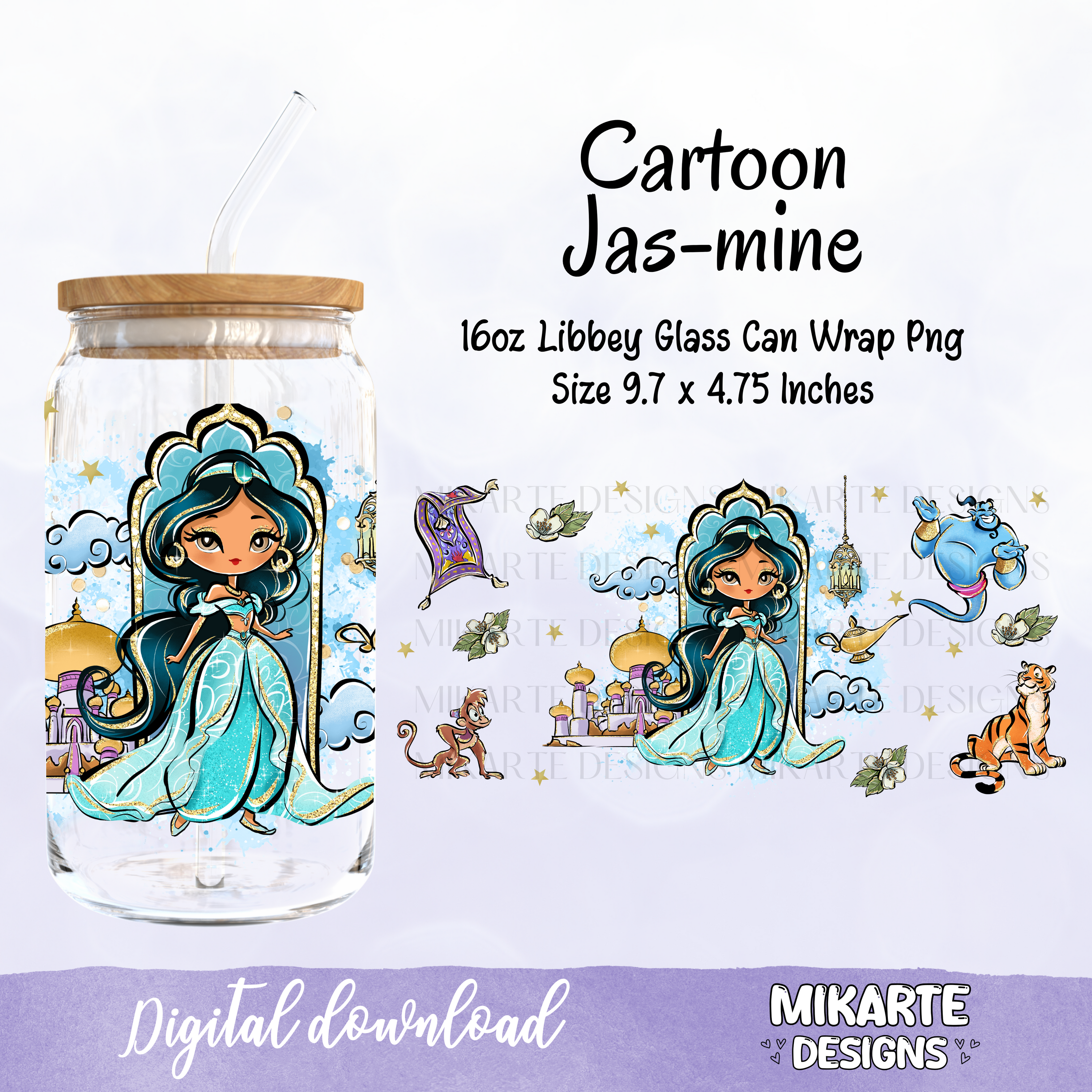 Diseño digital PNG de lata de vidrio de 16 oz | Caricatura de Jazmín