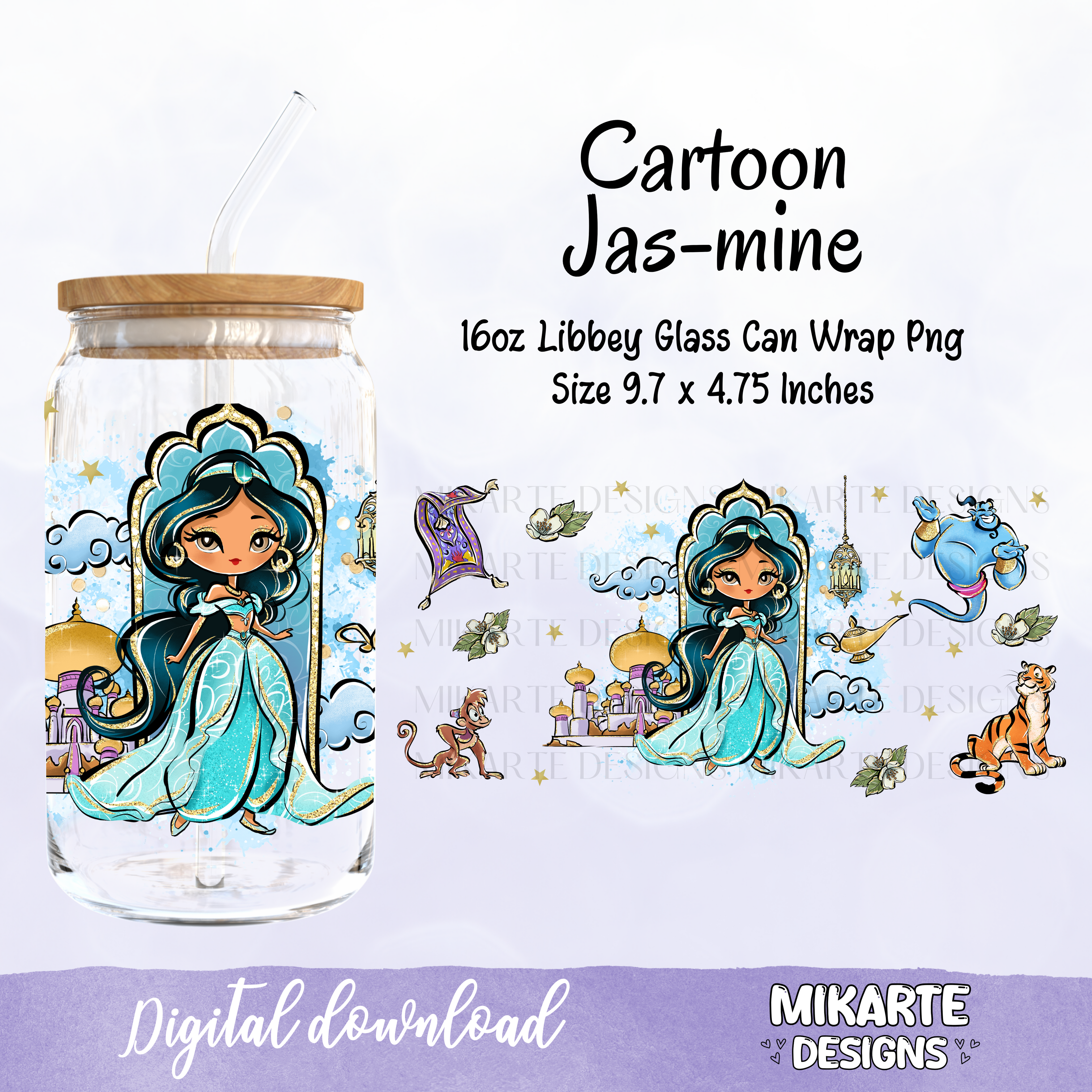 Cartoon Jas-mine | 16oz Glass Can PNG Digital Design