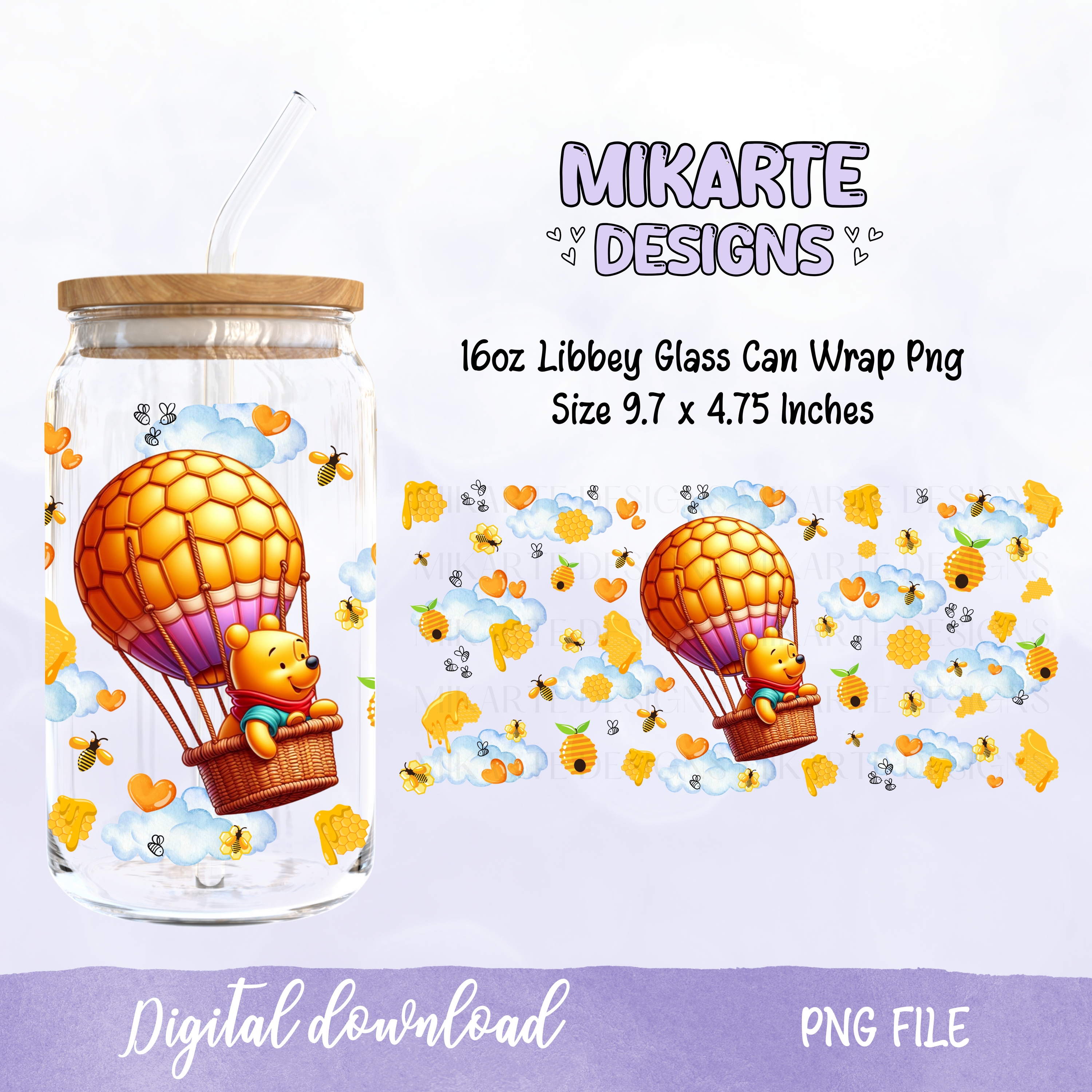 Oso tierno | Diseño digital PNG para vaso de vidrio de 16oz