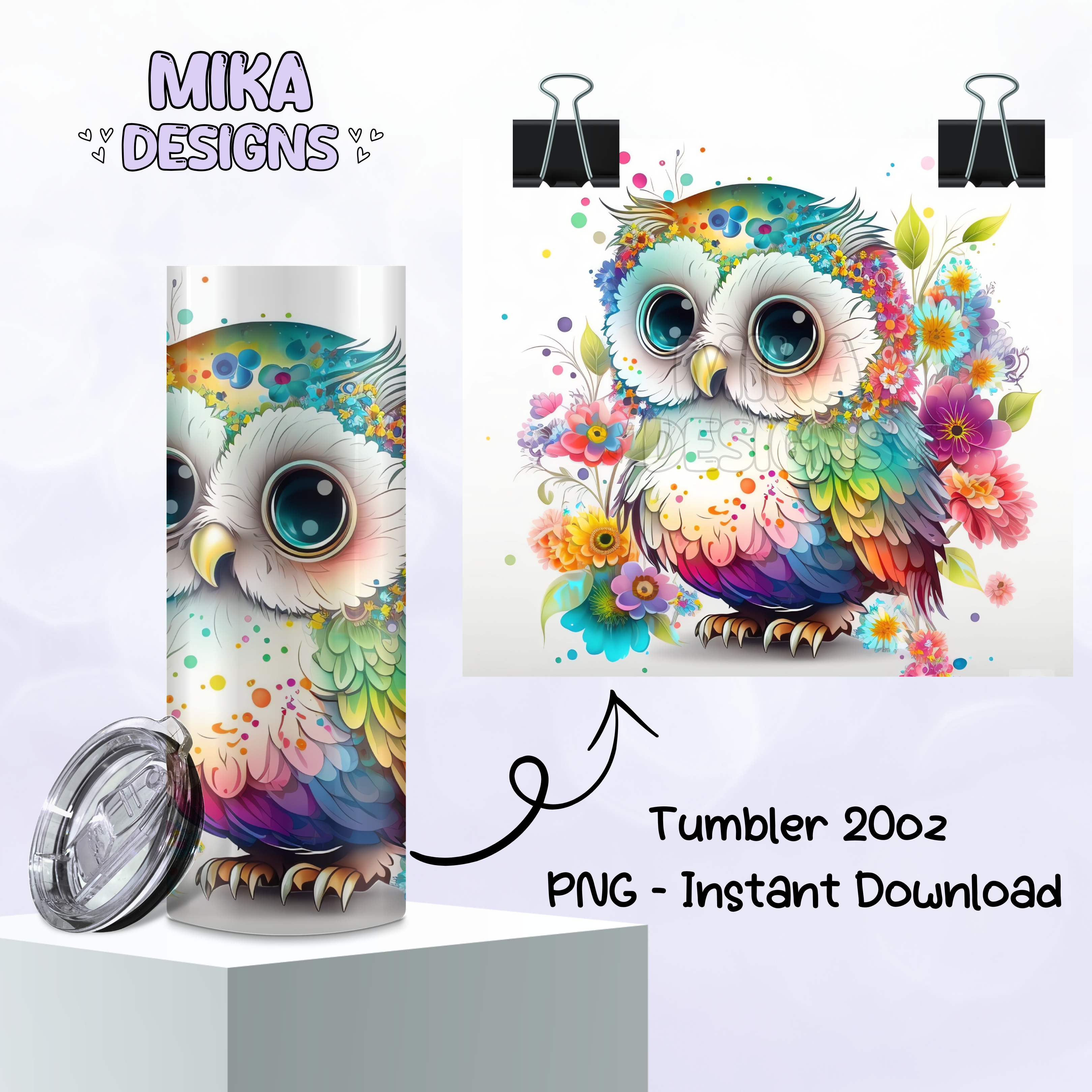 Owl with colorful flowers | Tumbler PNG Digital Design