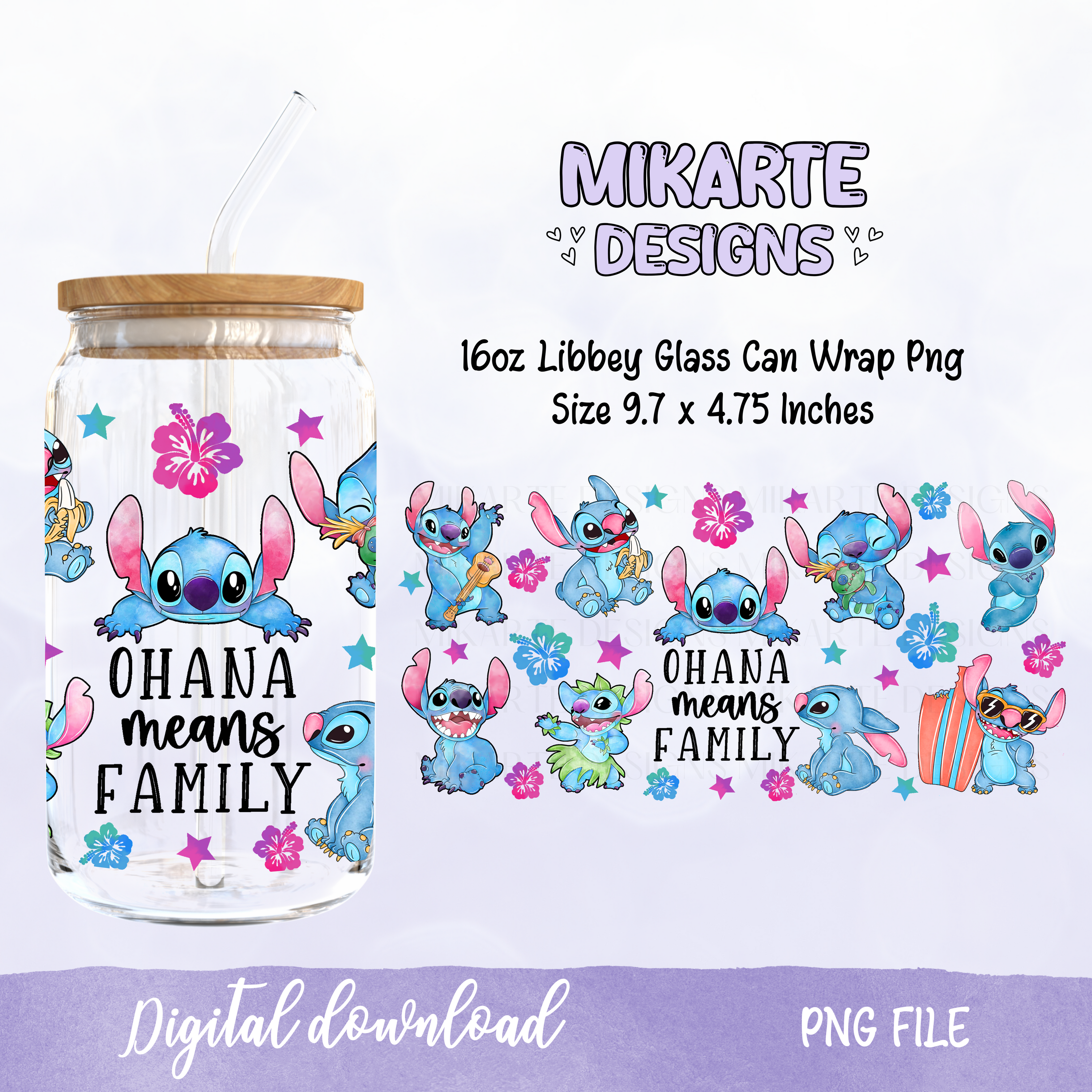 Ohana Significa familia | Diseño Digital PNG para Vaso de Vidrio de 16oz