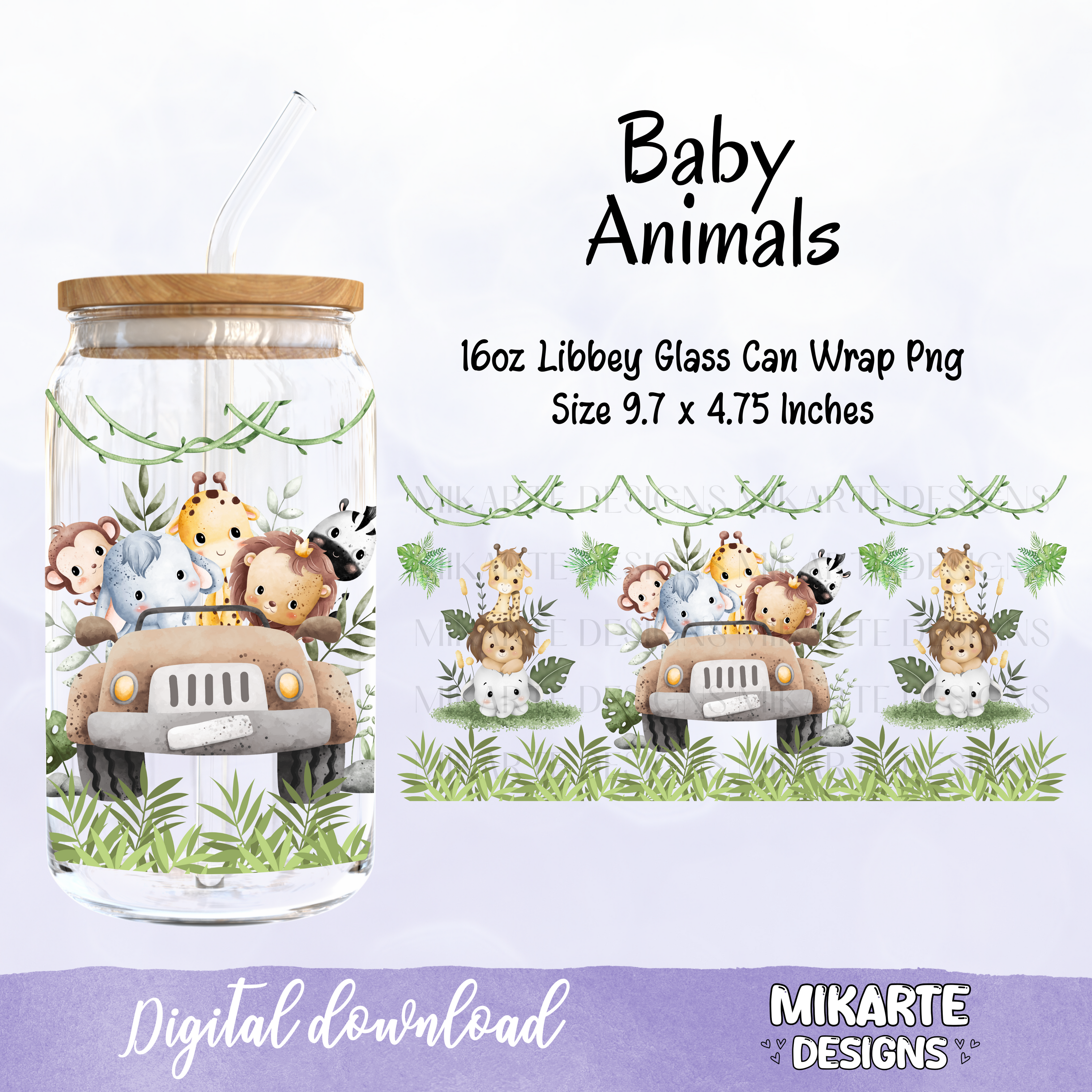 Animales Bebé | Diseño Digital PNG para Vaso de Vidrio de 16oz