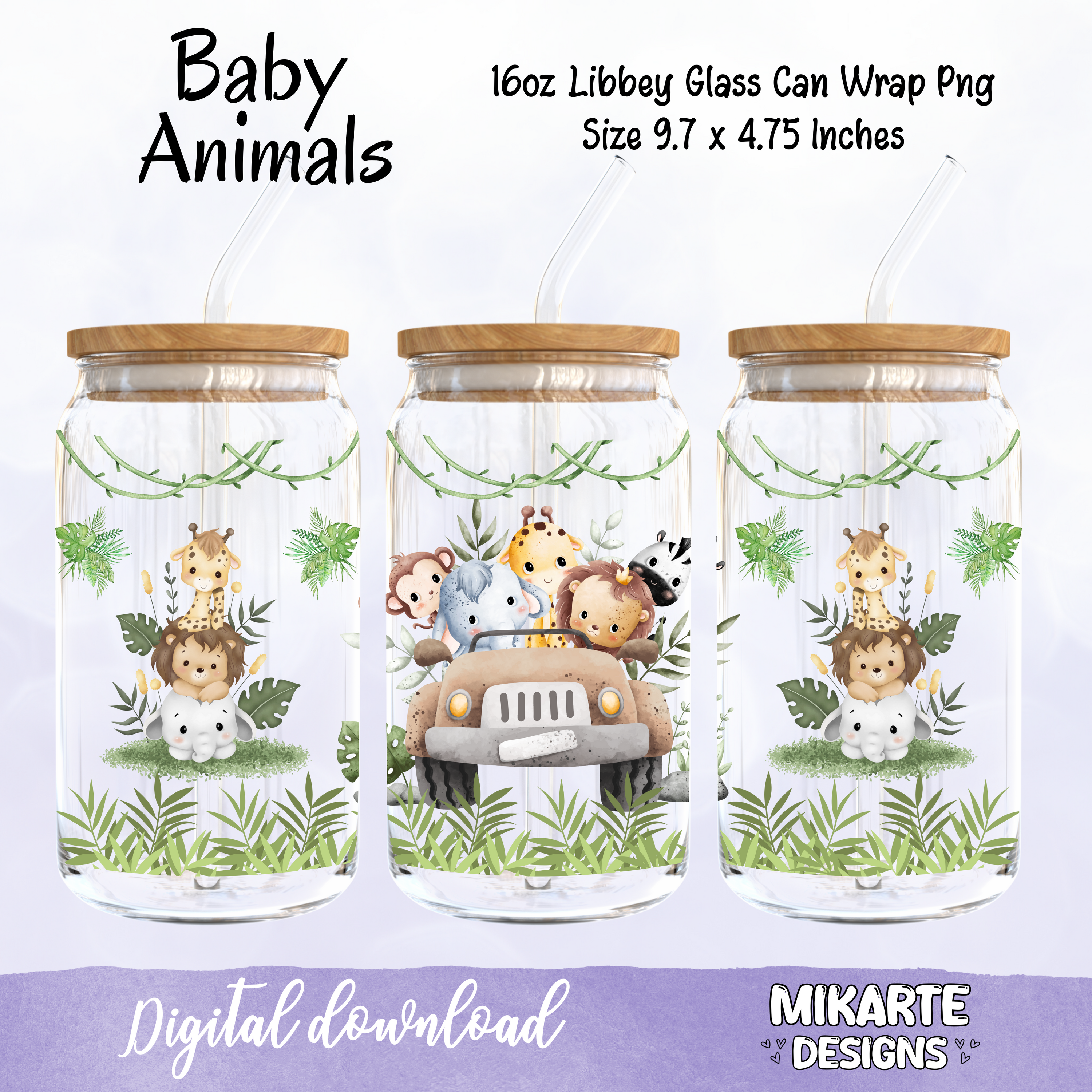 Animales Bebé | Diseño Digital PNG para Vaso de Vidrio de 16oz