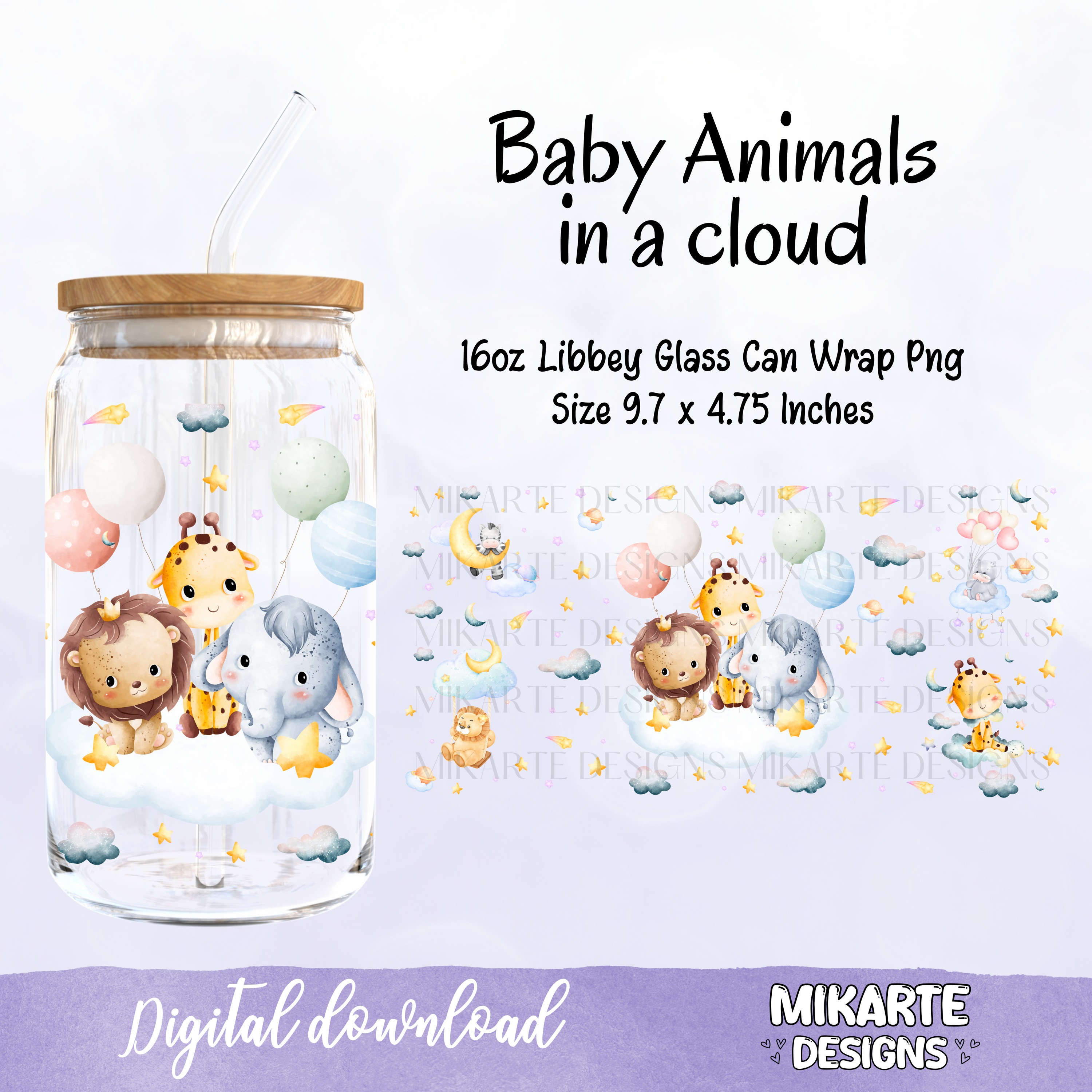 Bebés animales en una nube | Diseño digital PNG para vaso de vidrio de 16 oz