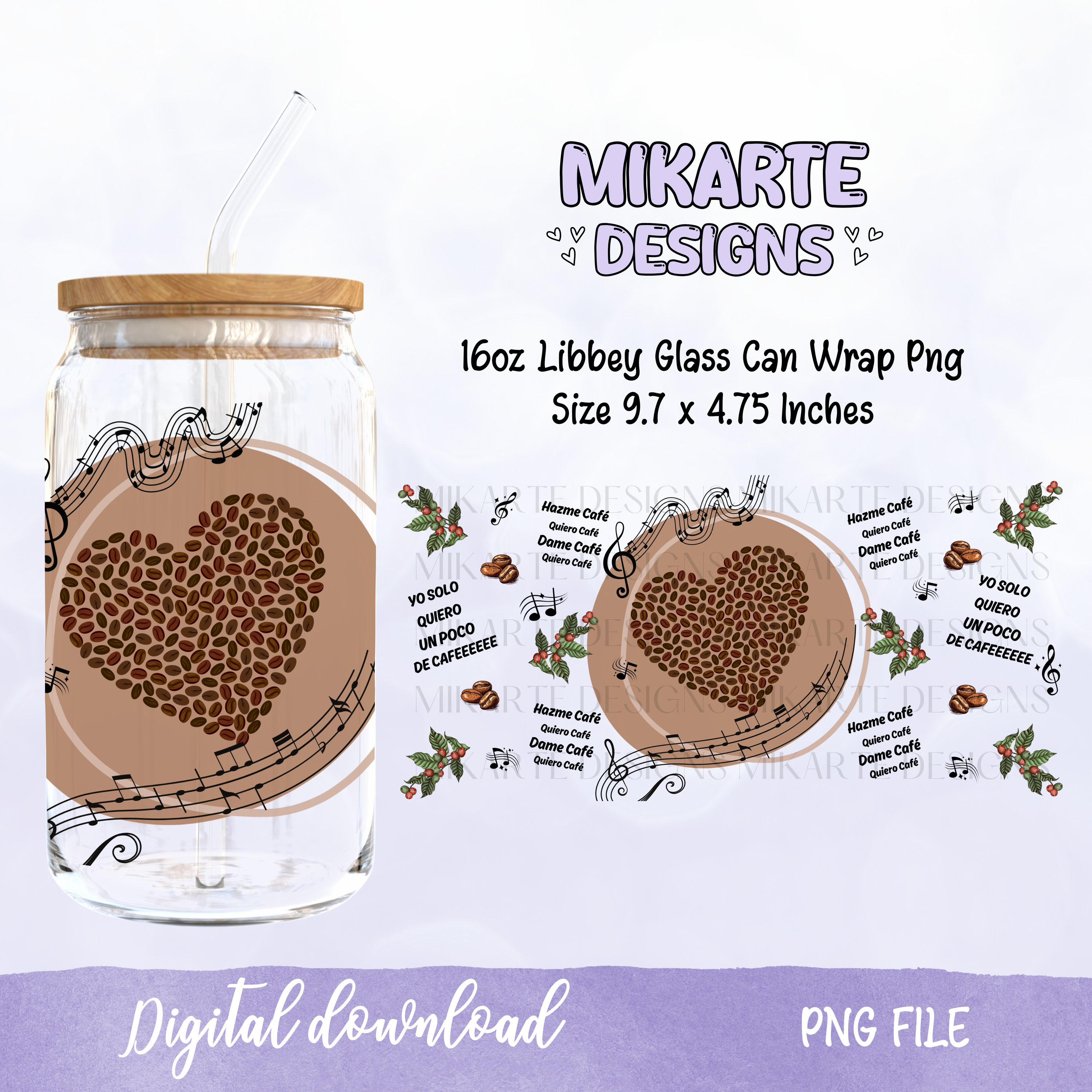 Quiero Café | Diseño Digital PNG de Vaso de Cristal de 16oz
