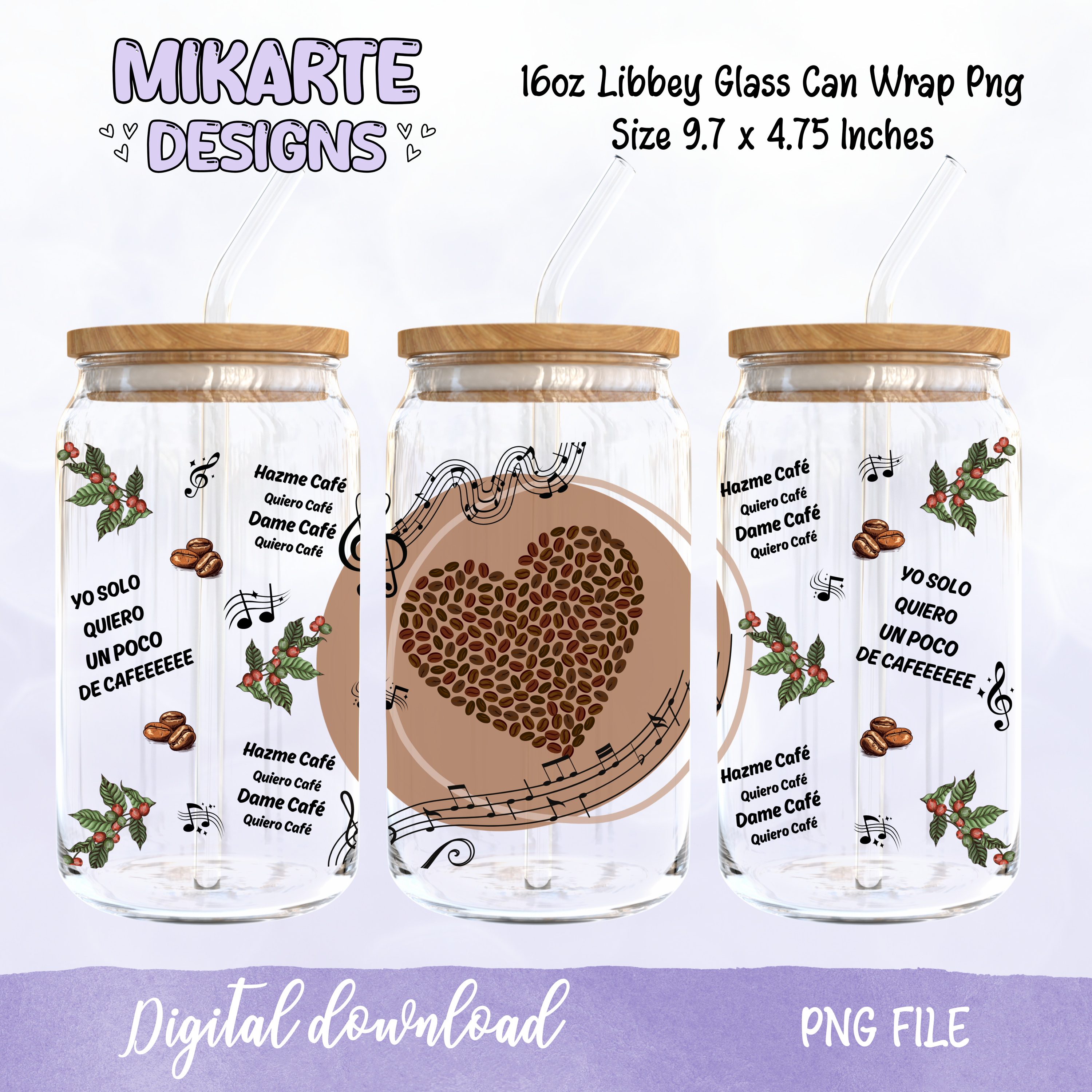 Quiero Café | Diseño Digital PNG de Vaso de Cristal de 16oz