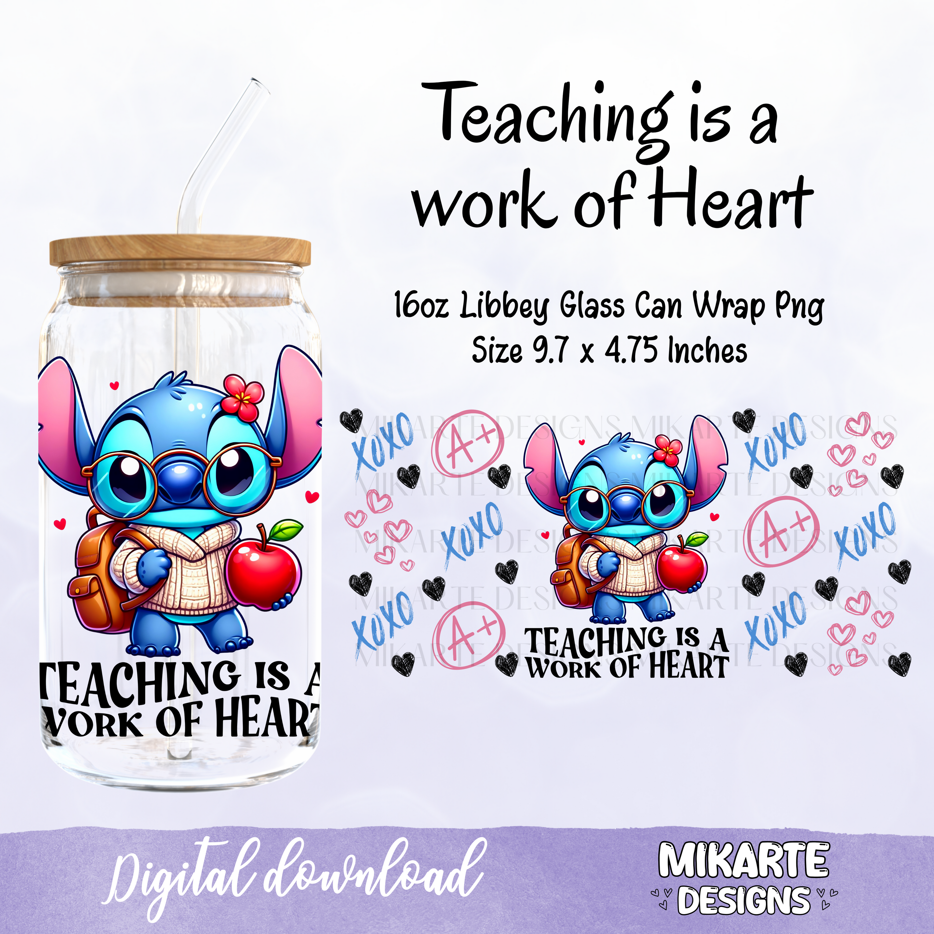 Enseñar es una obra de corazón | Diseño digital PNG para vaso de vidrio de 16 oz