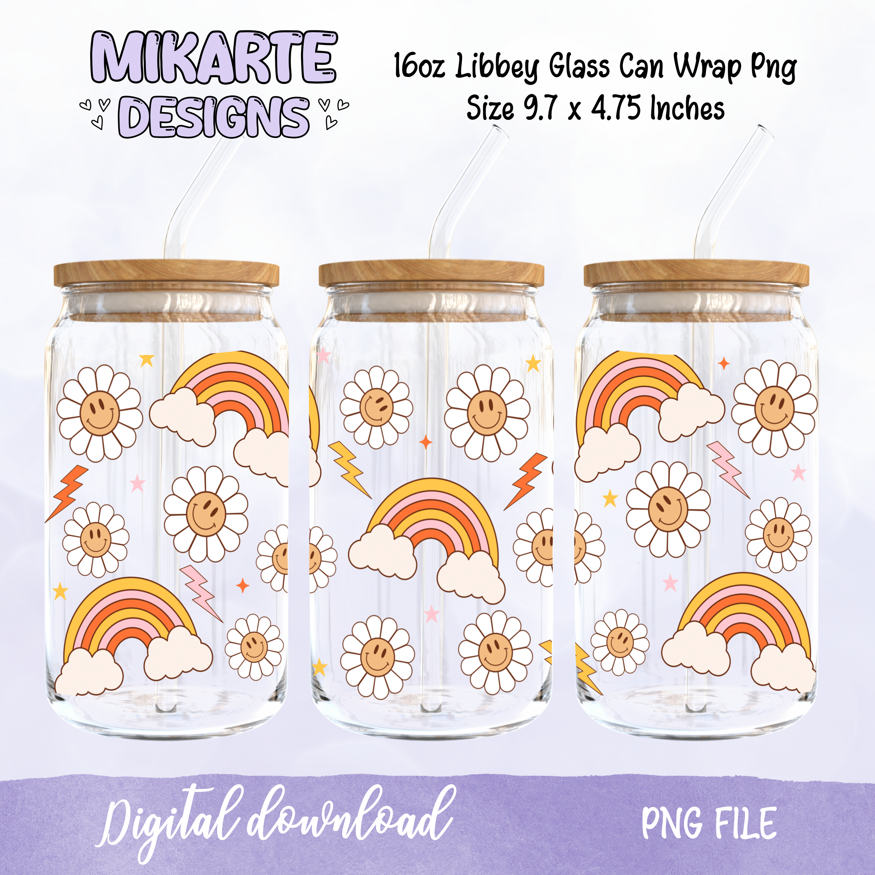 Arcos iris y nubes | Diseño digital PNG de vaso de vidrio de 16oz