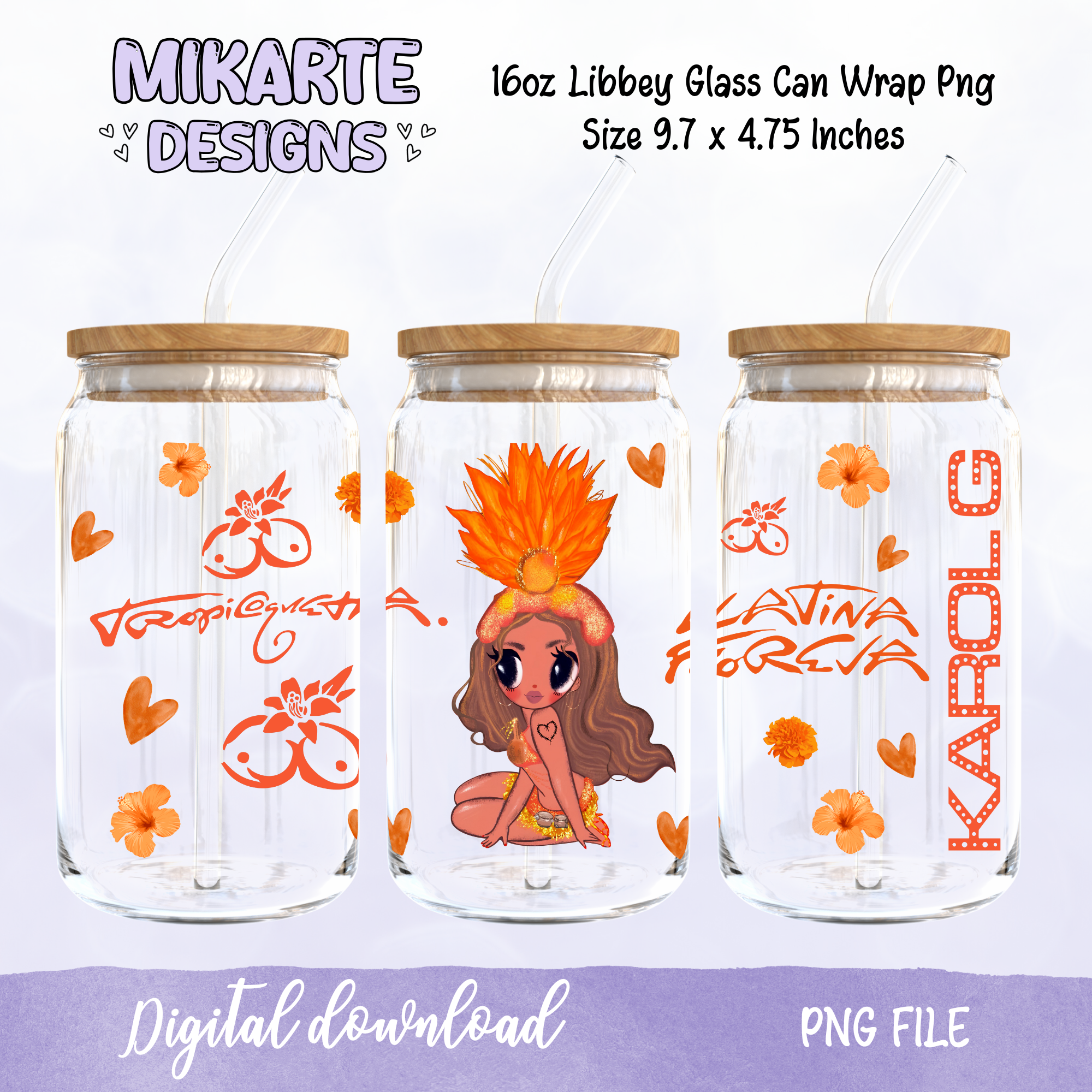 Karol G Tropicoqueta | Diseño Digital PNG Vaso de Vidrio de 16oz