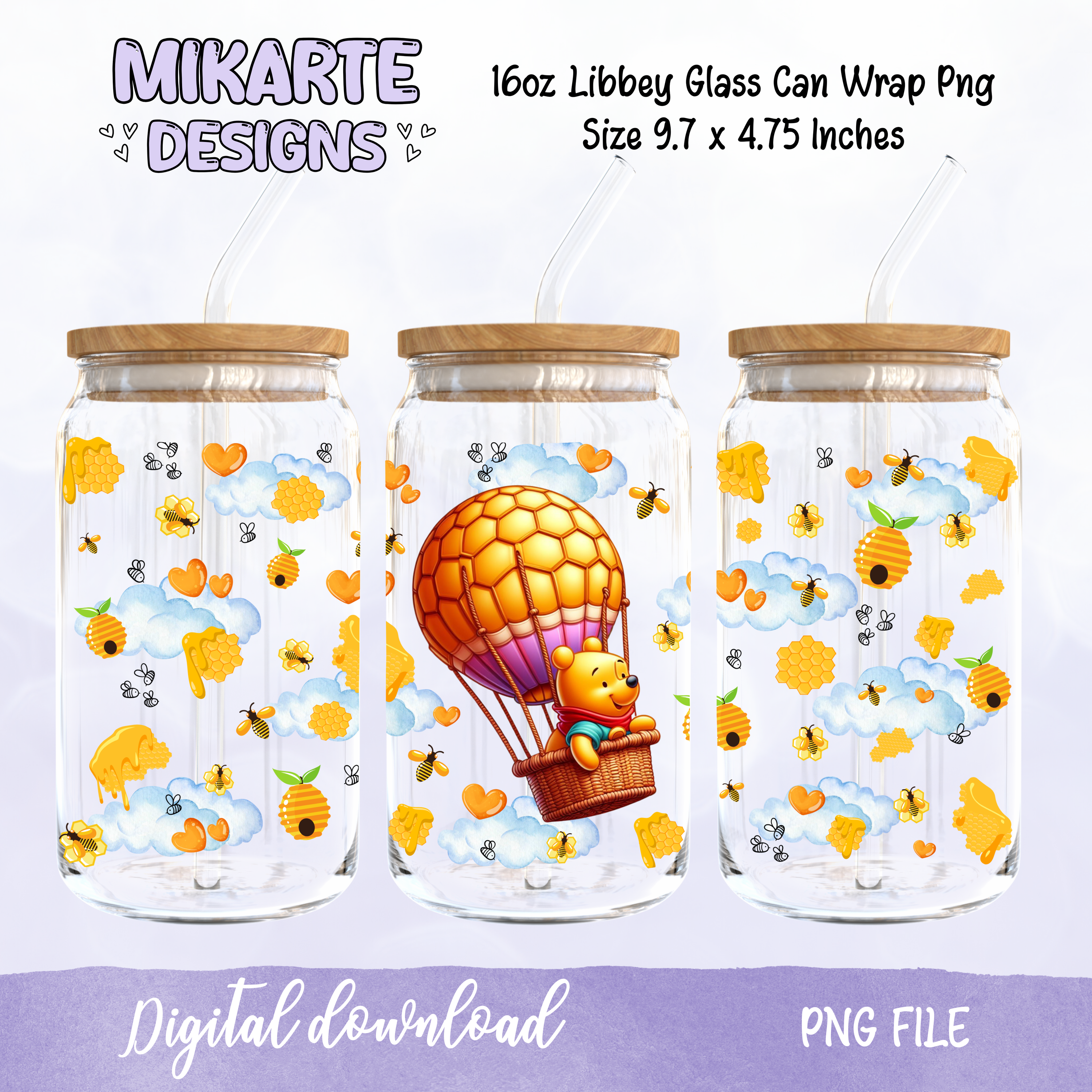 Oso tierno | Diseño digital PNG para vaso de vidrio de 16oz