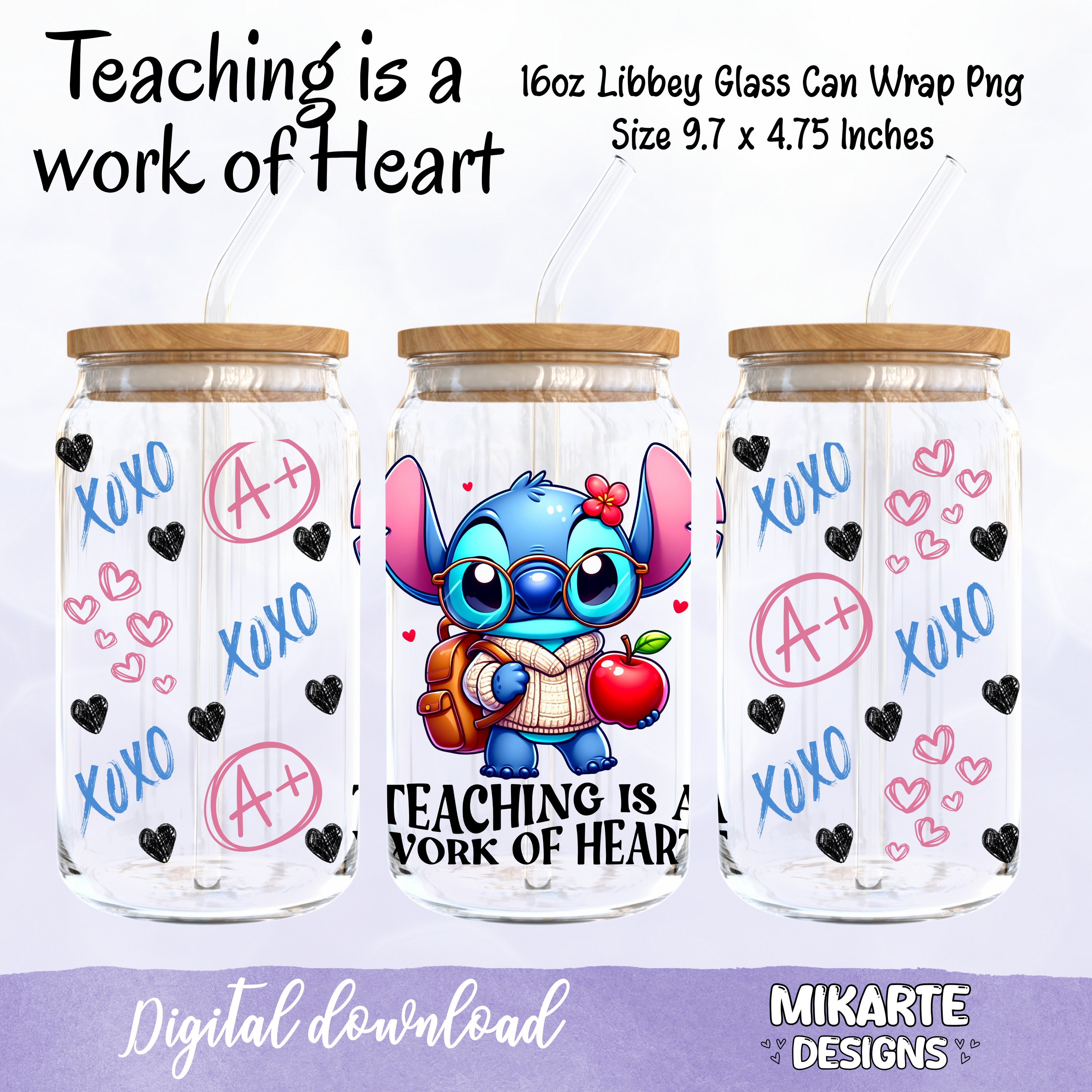 Enseñar es una obra de corazón | Diseño digital PNG para vaso de vidrio de 16 oz
