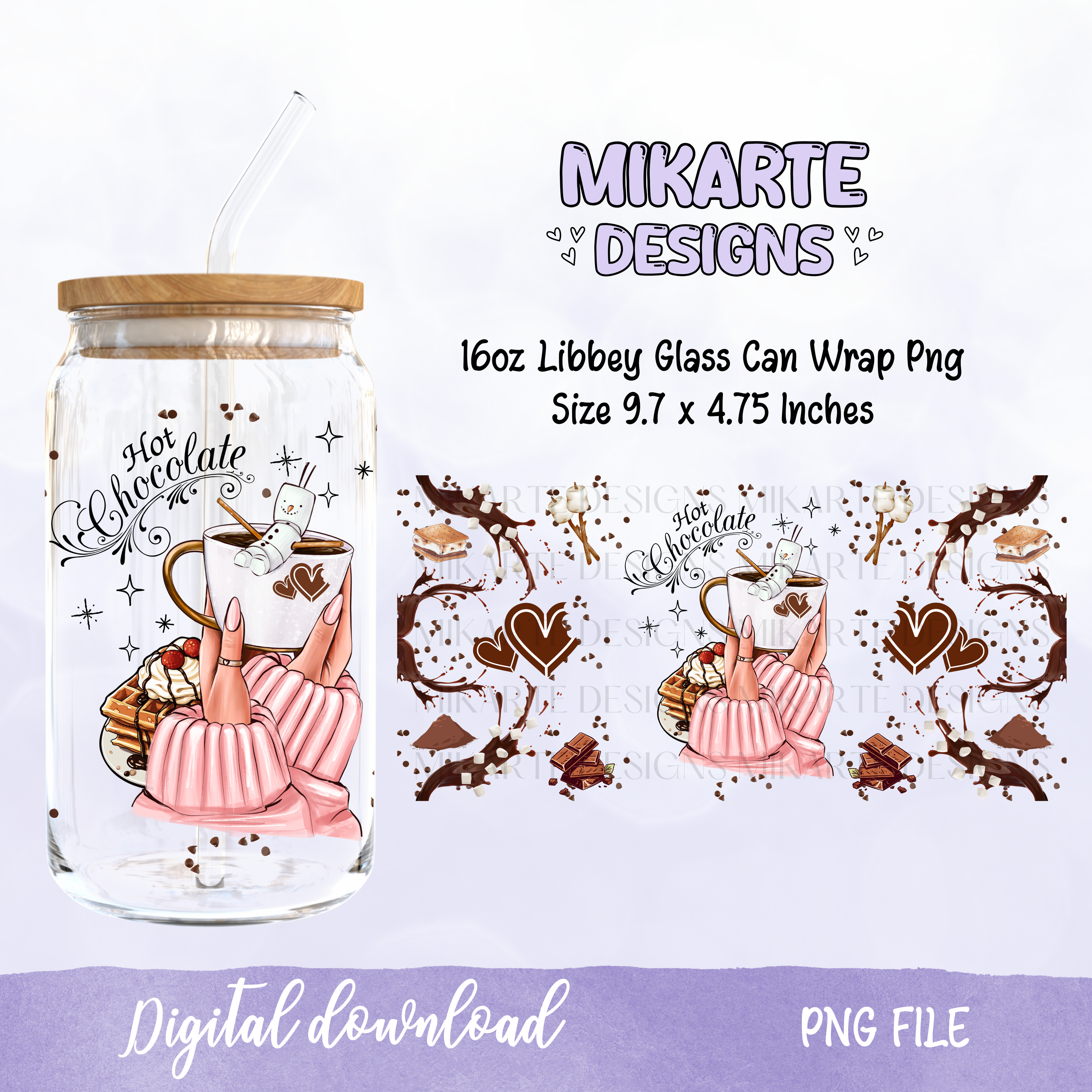 Chocolate Caliente | Diseño Digital PNG Vaso de Cristal de 16oz