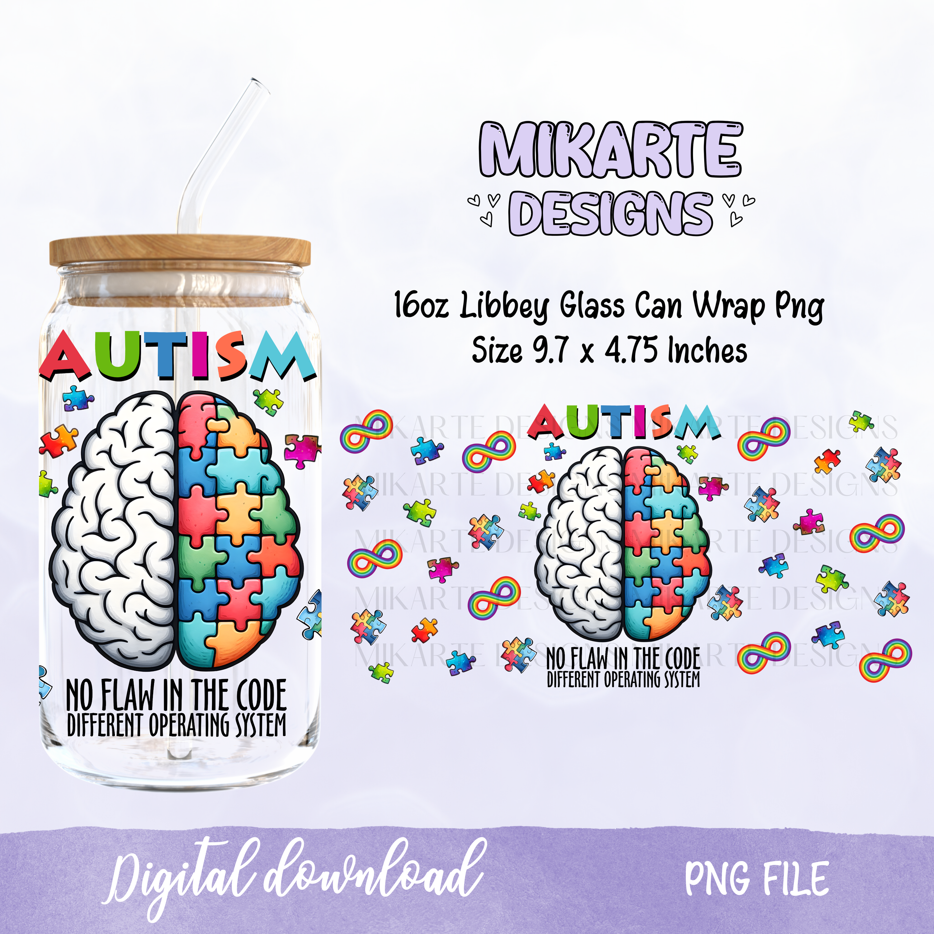 Autismo | Diseño digital PNG de vaso de vidrio de 16oz