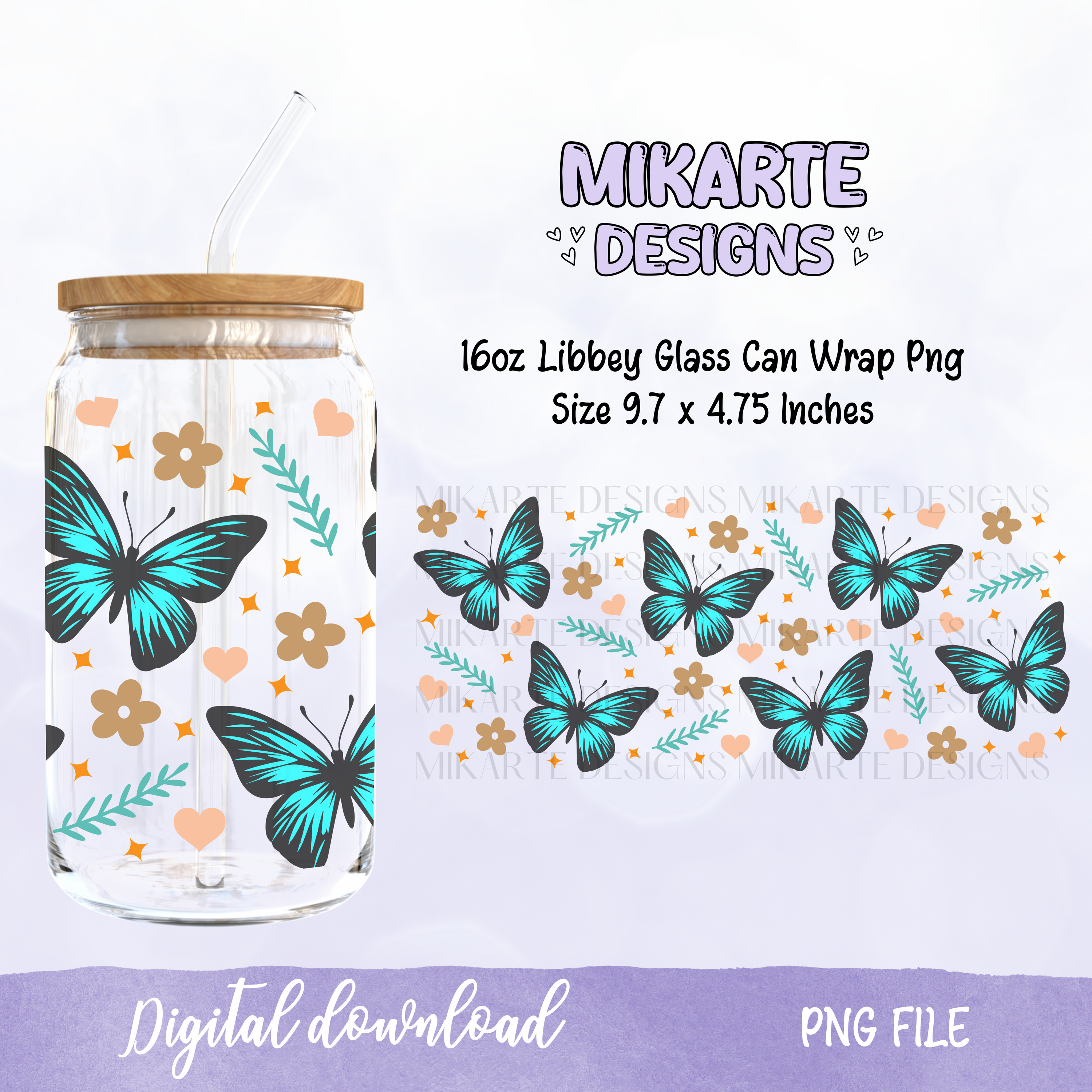 Mariposa | Diseño Digital PNG Vaso de Vidrio de 16oz