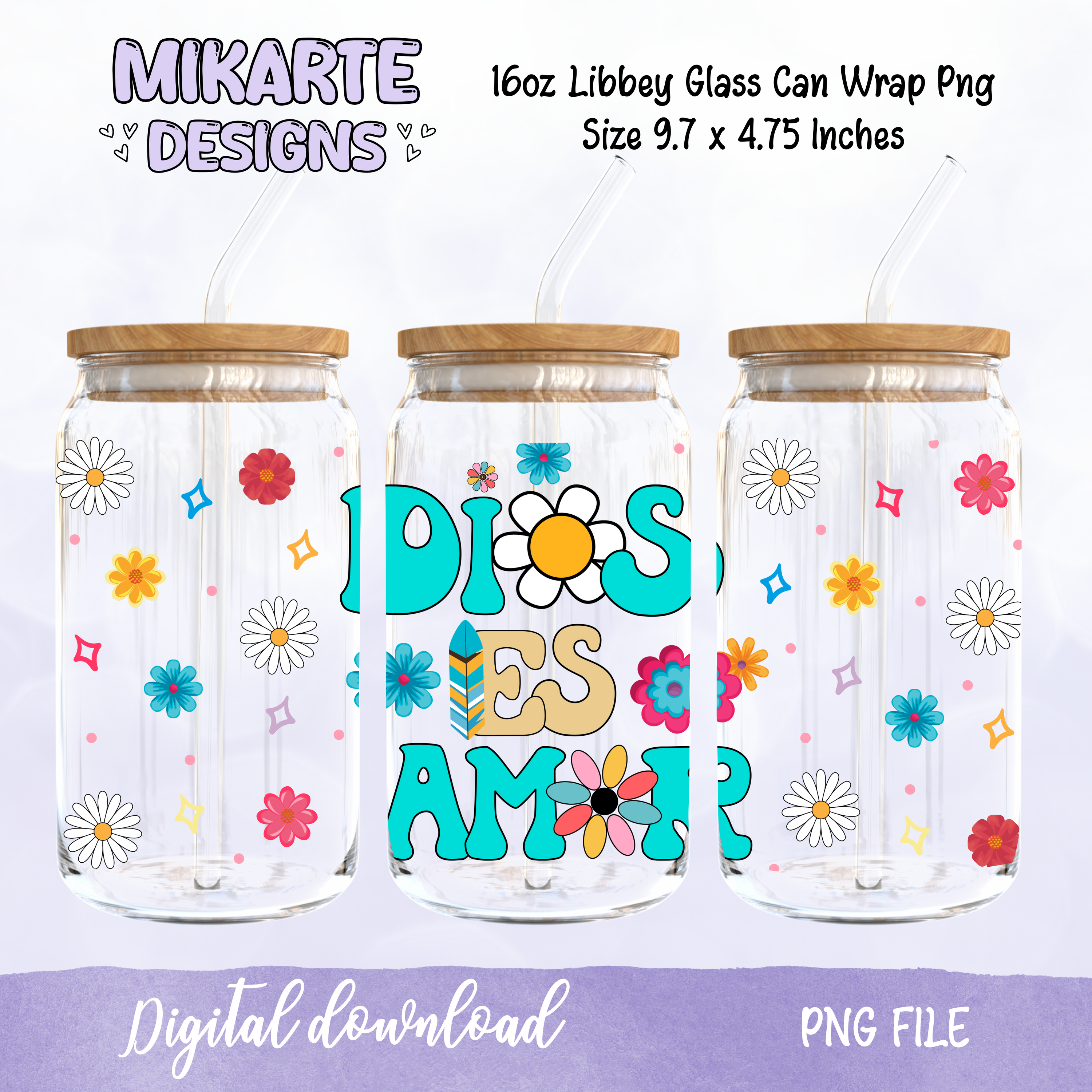 Dios es Amor | Diseño digital PNG de vaso de vidrio de 16oz