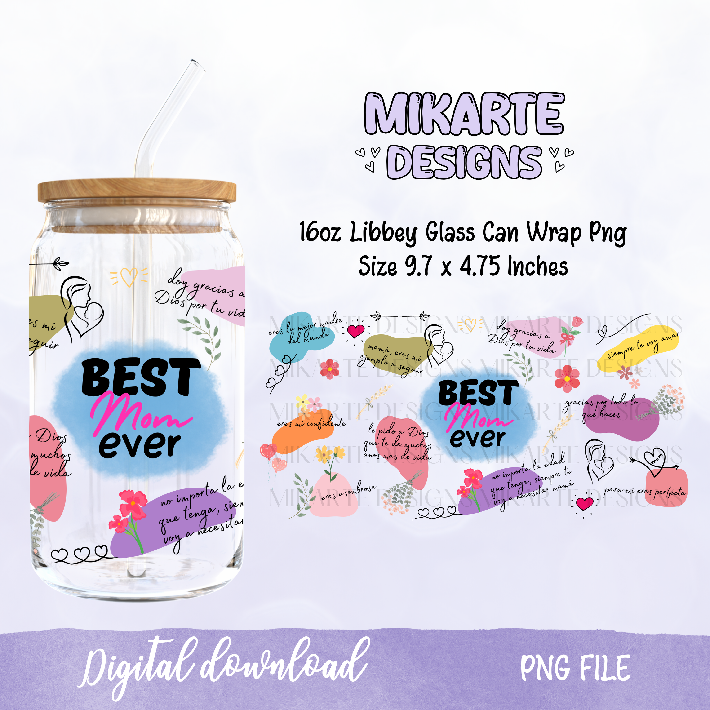 La mejor mamá del mundo | Diseño digital PNG de vaso de vidrio de 16 oz