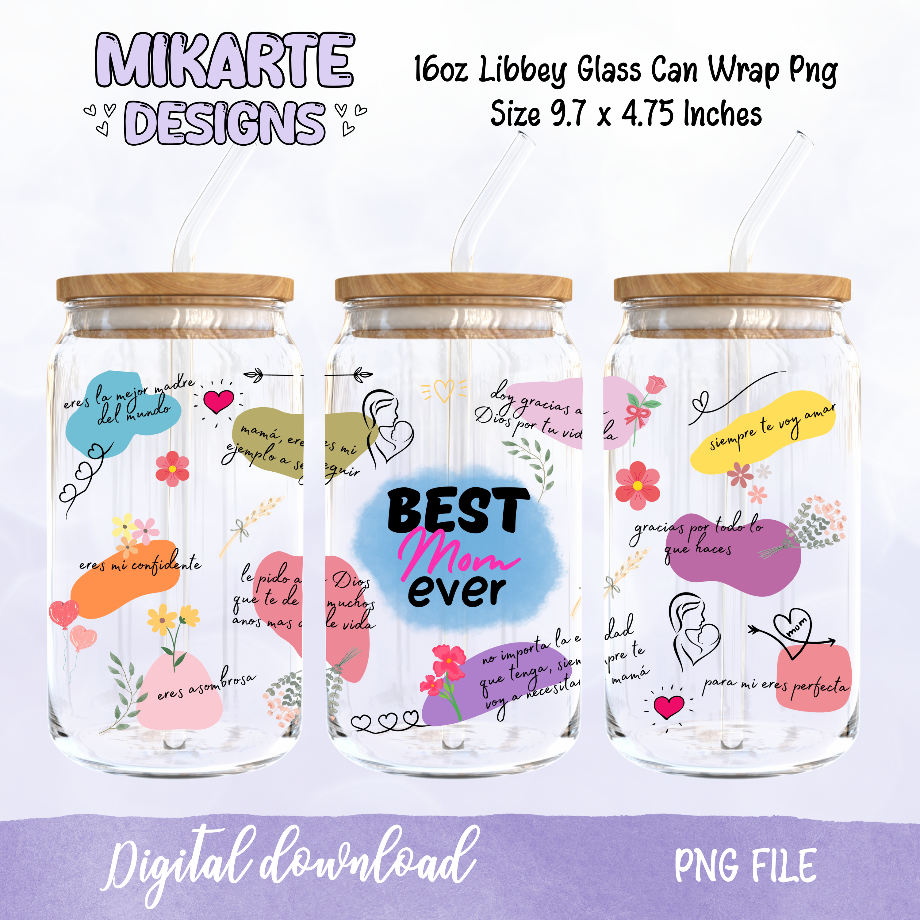 La mejor mamá del mundo | Diseño digital PNG de vaso de vidrio de 16 oz