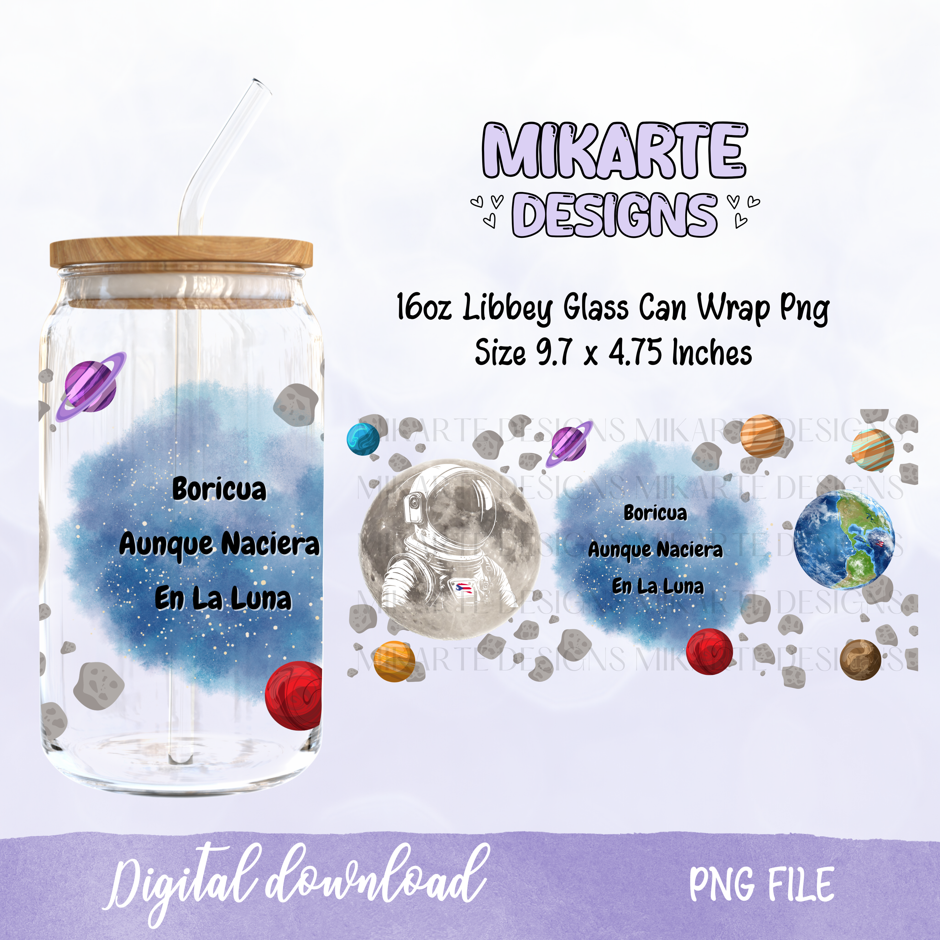 Boricua Aunque Naciera en la Luna | Diseño Digital PNG de Vaso de Vidrio de 16oz