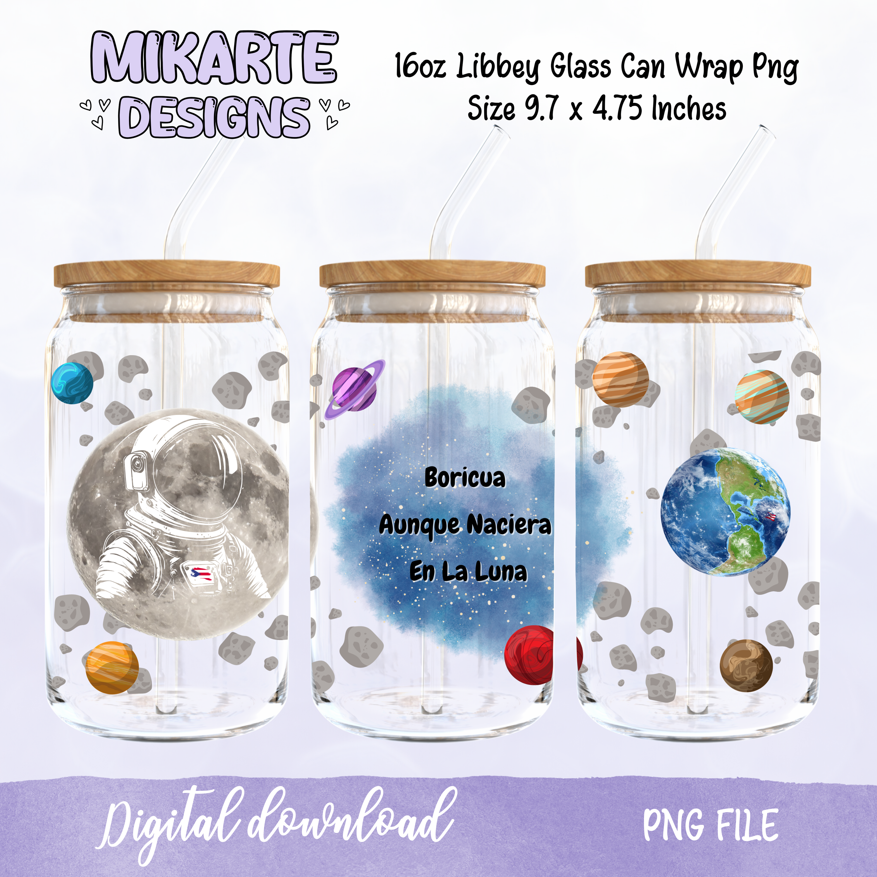 Boricua Aunque Naciera en la Luna | Diseño Digital PNG de Vaso de Vidrio de 16oz