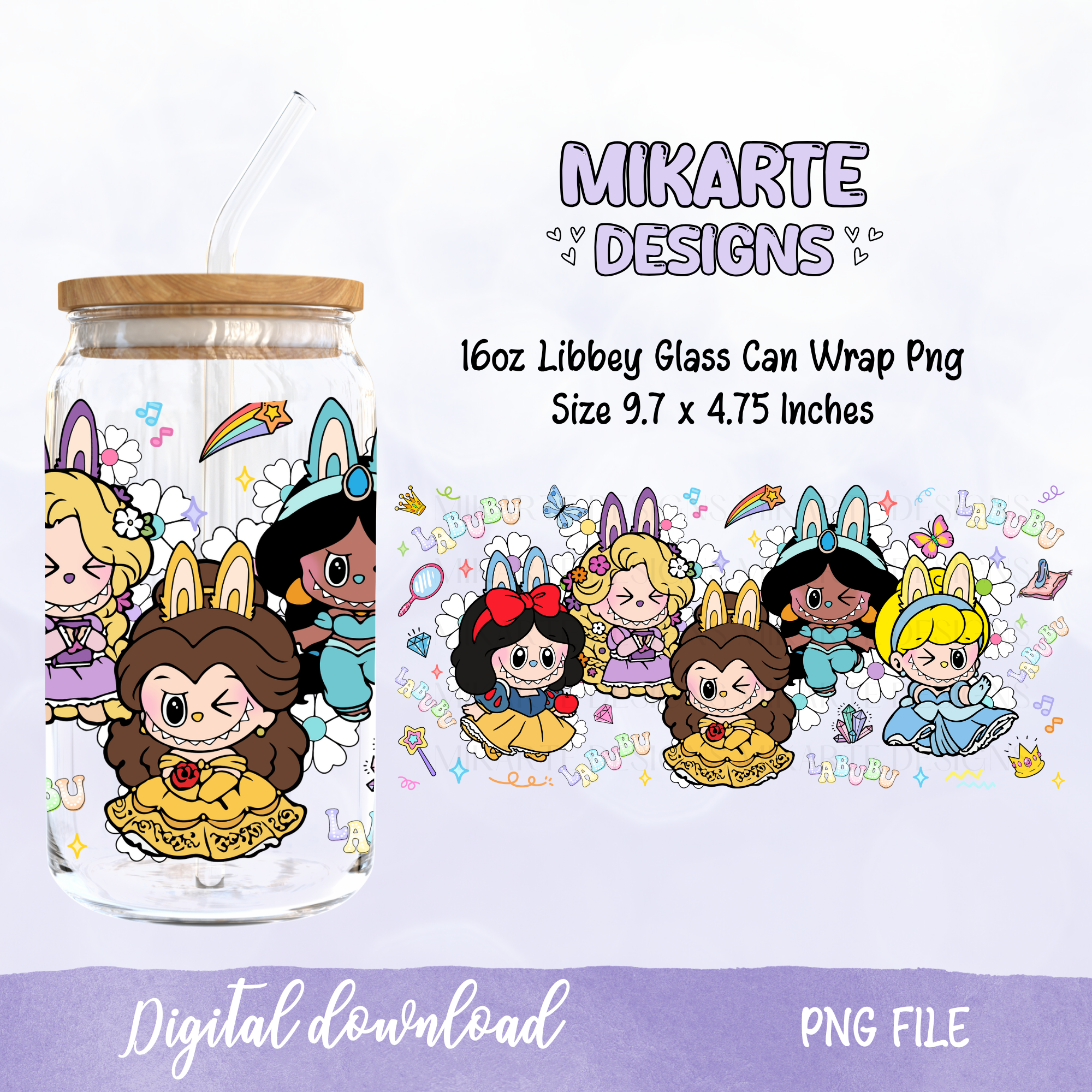 Princesses Dolls | 16oz Glass Can PNG Digital Design