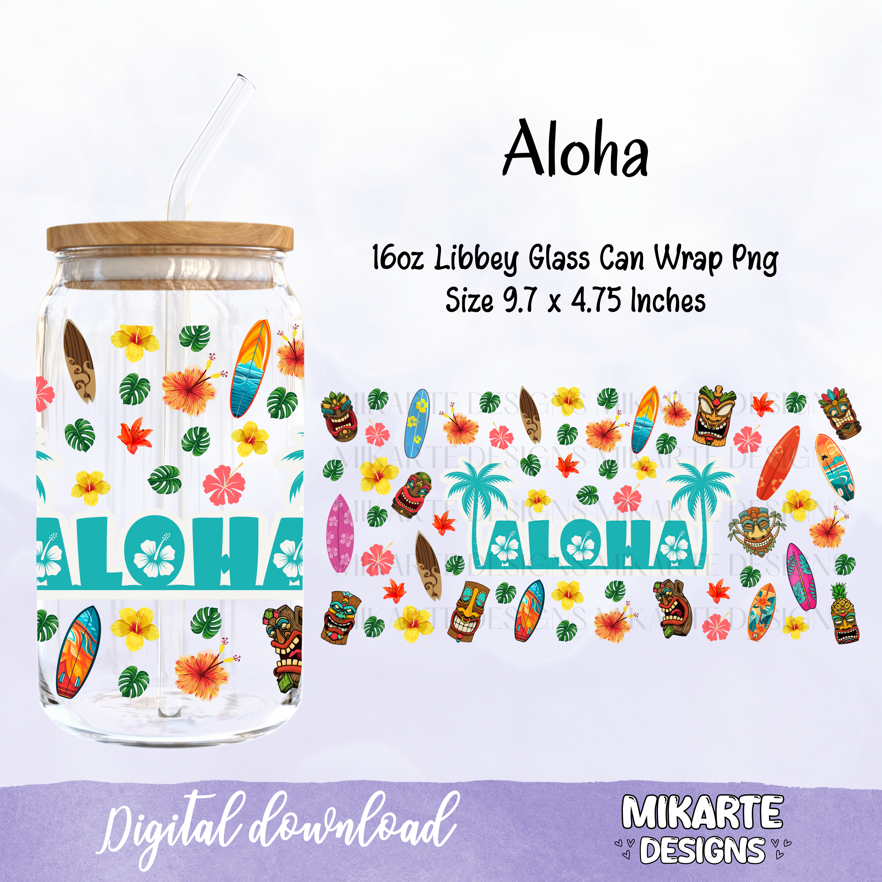 Aloha | Diseño Digital PNG Vaso de Cristal de 16oz