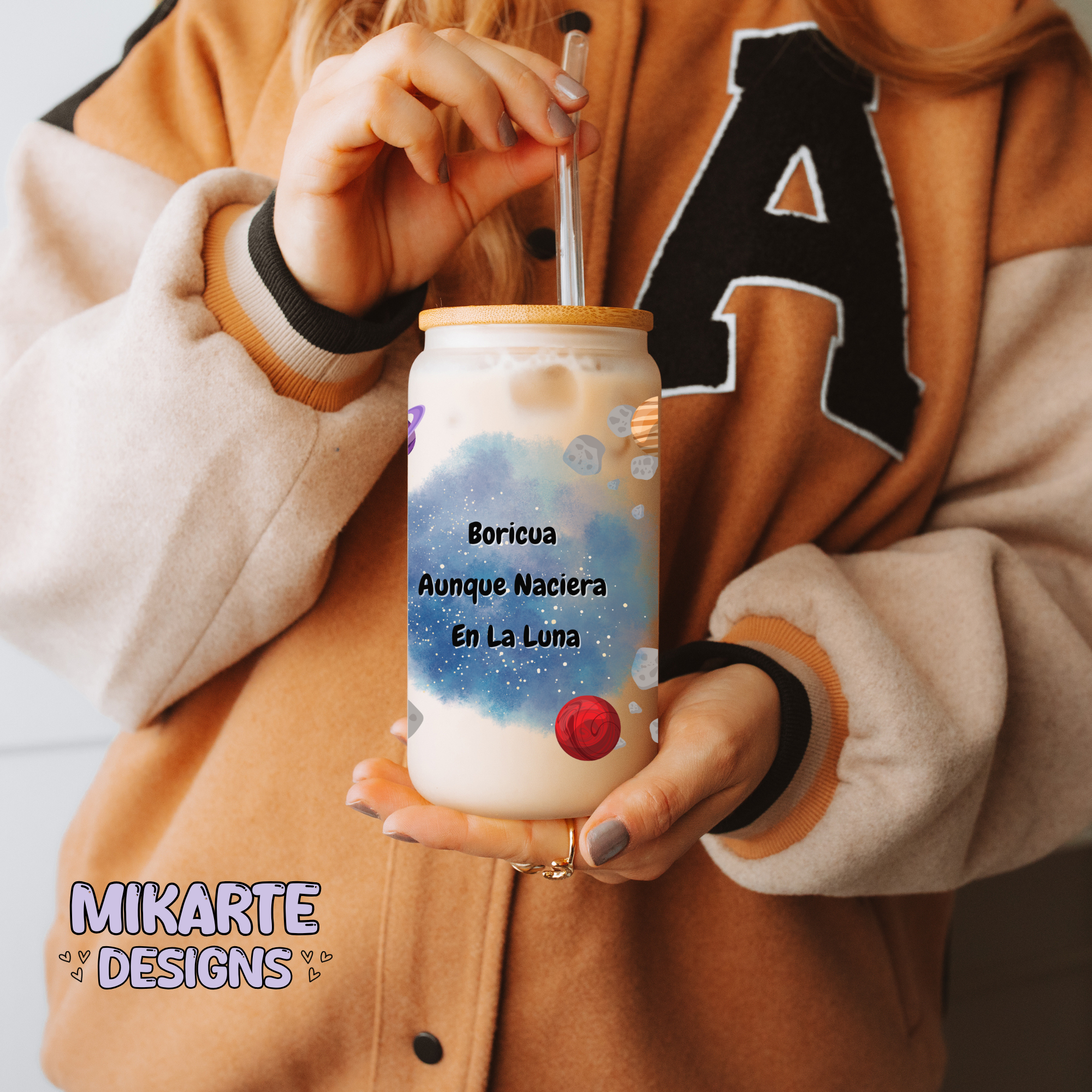 Boricua Aunque Naciera en la Luna | Diseño Digital PNG de Vaso de Vidrio de 16oz