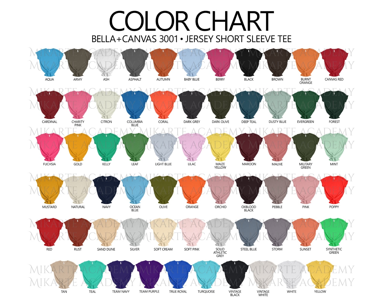 Bella + Canvas 3001 Unisex Color Chart (Editable)