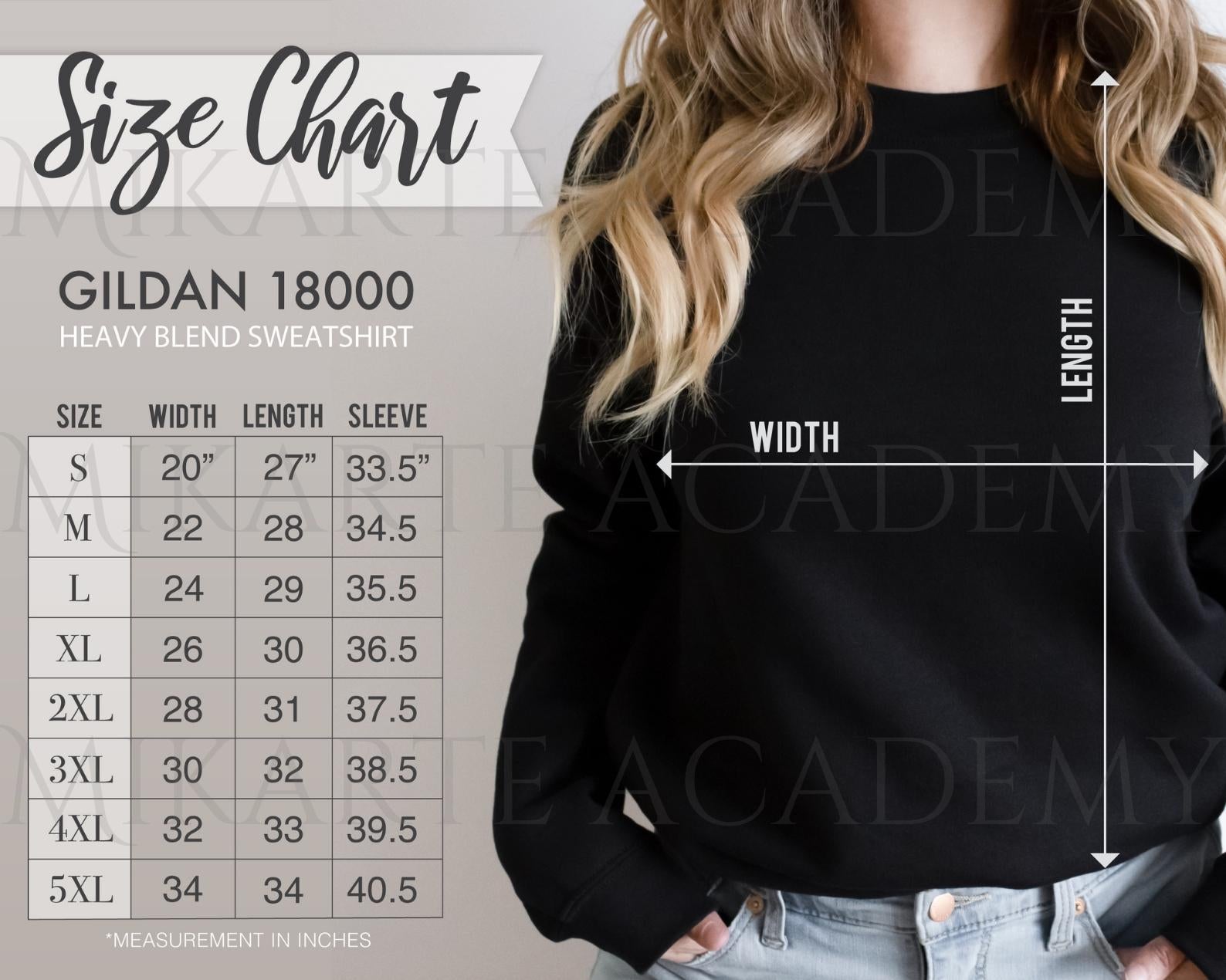 Gildan 18000 Unisex Sweatshirt Size Chart