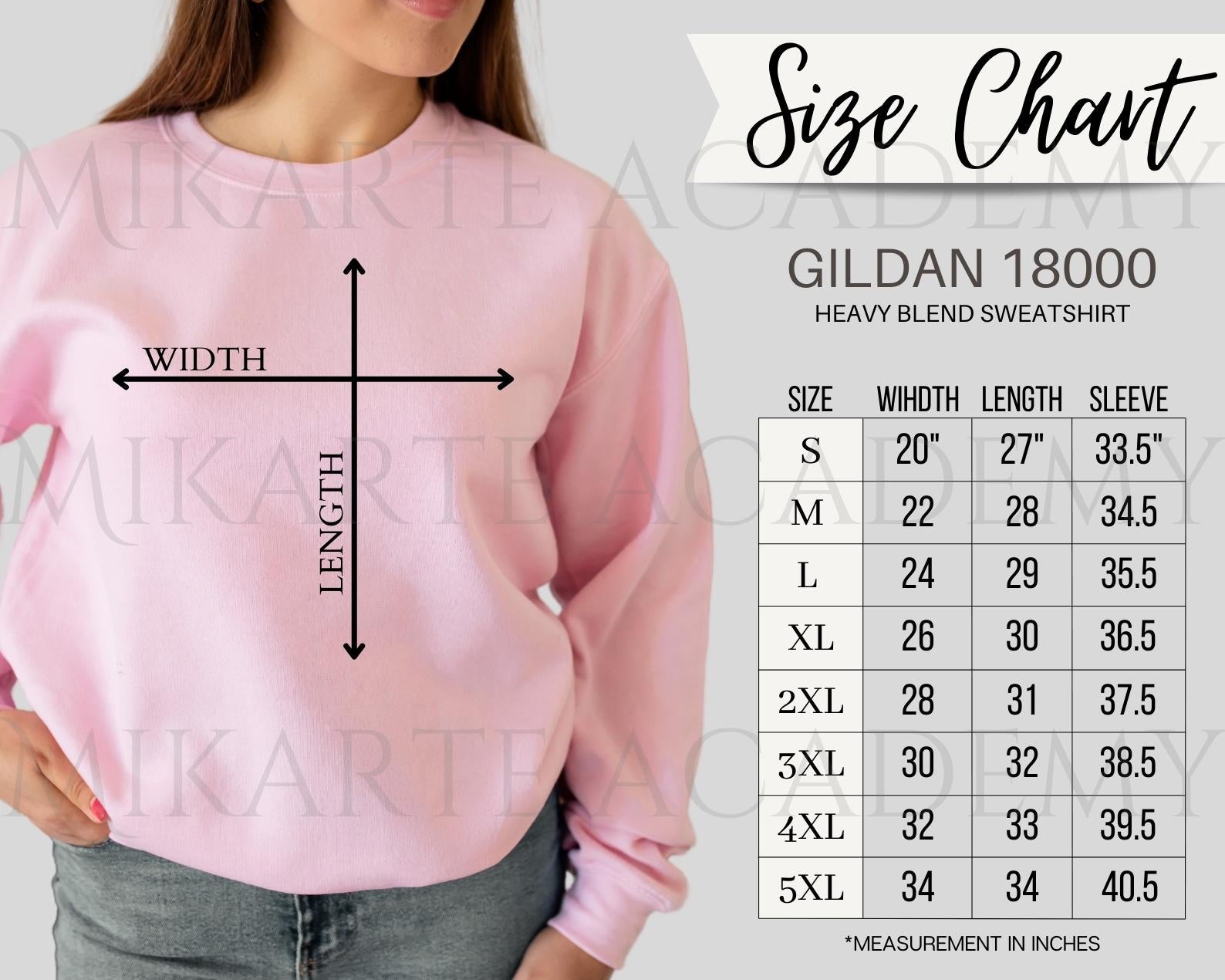 Gildan 18000 Unisex Sweatshirt Size Chart