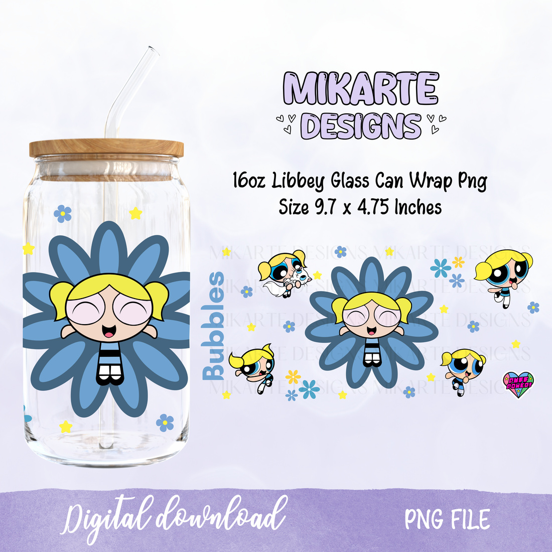 Blue Super Power Girl | 16oz Glass Can PNG Digital Design