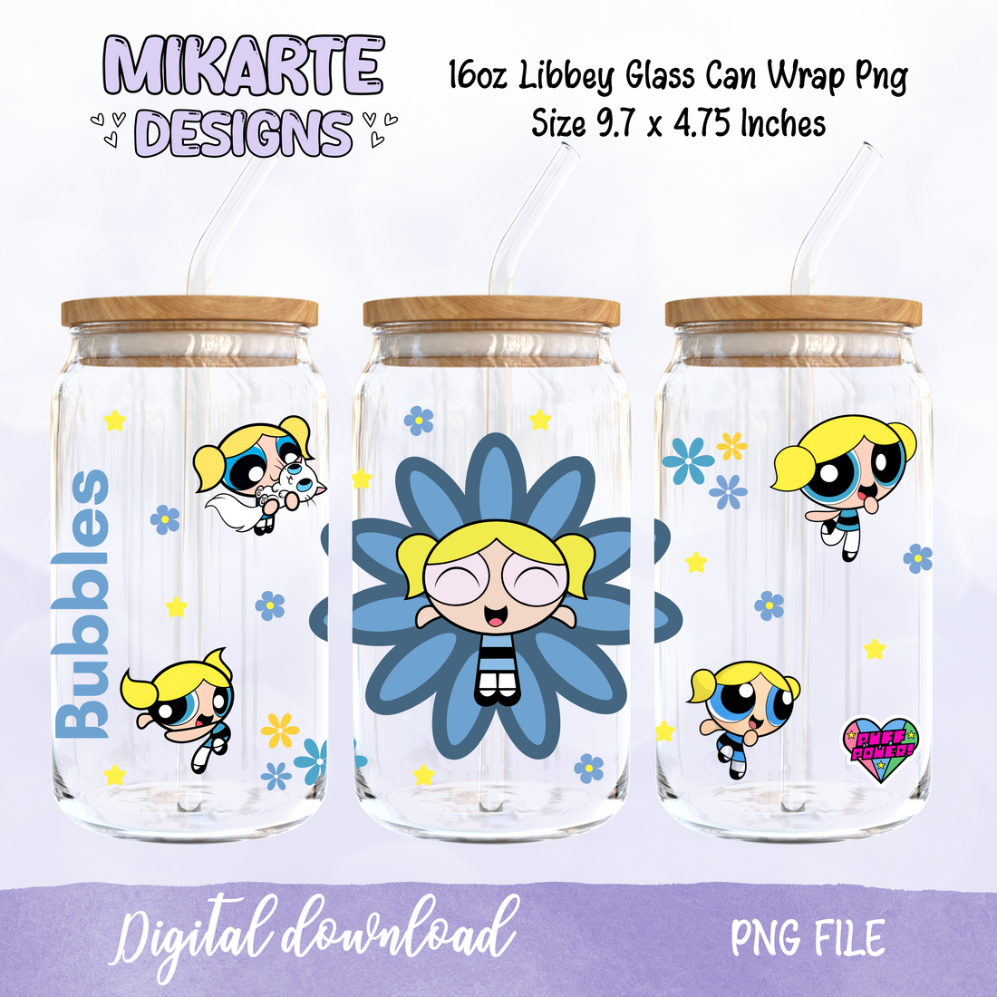 Blue Super Power Girl | 16oz Glass Can PNG Digital Design