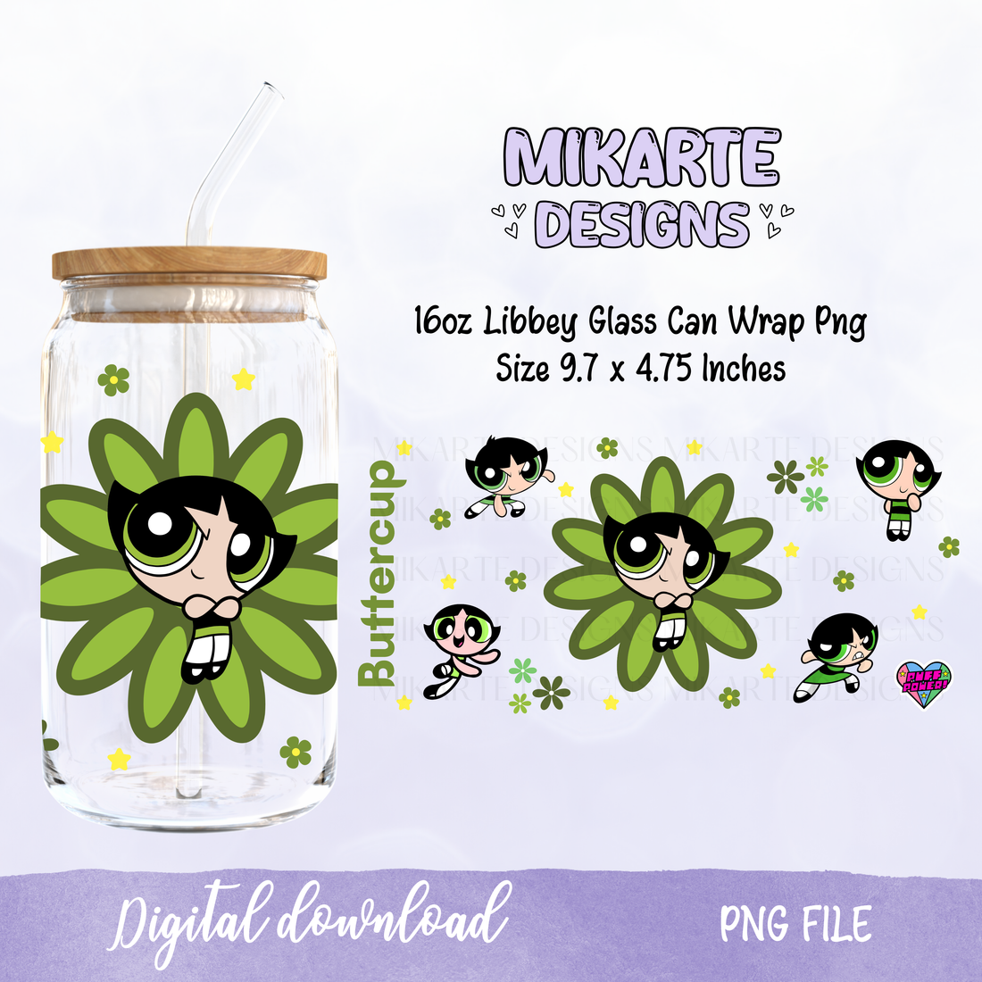 Green Super Power Girl | 16oz Glass Can PNG Digital Design