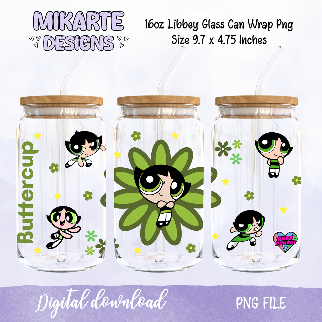 Green Super Power Girl | 16oz Glass Can PNG Digital Design