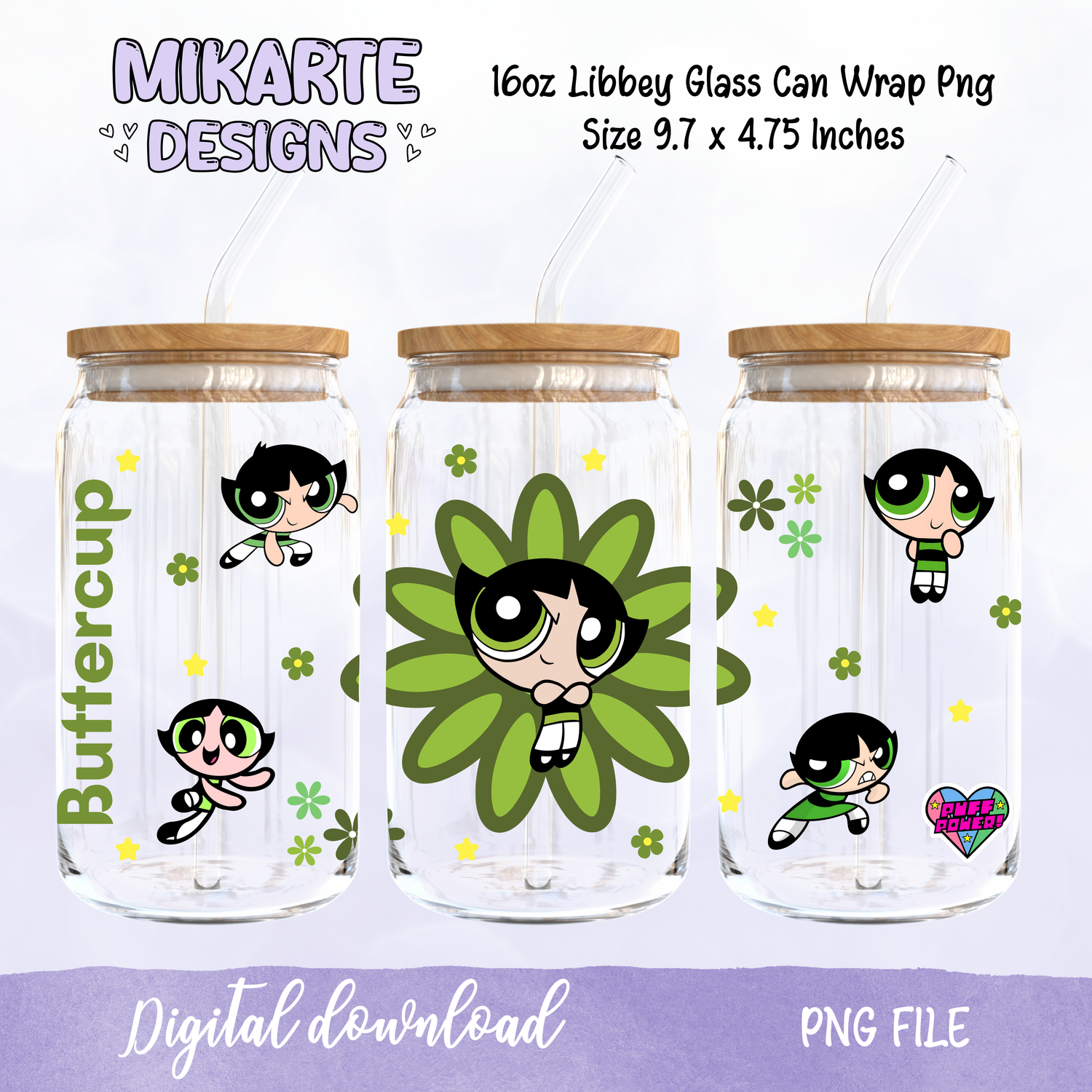 Green Super Power Girl | 16oz Glass Can PNG Digital Design