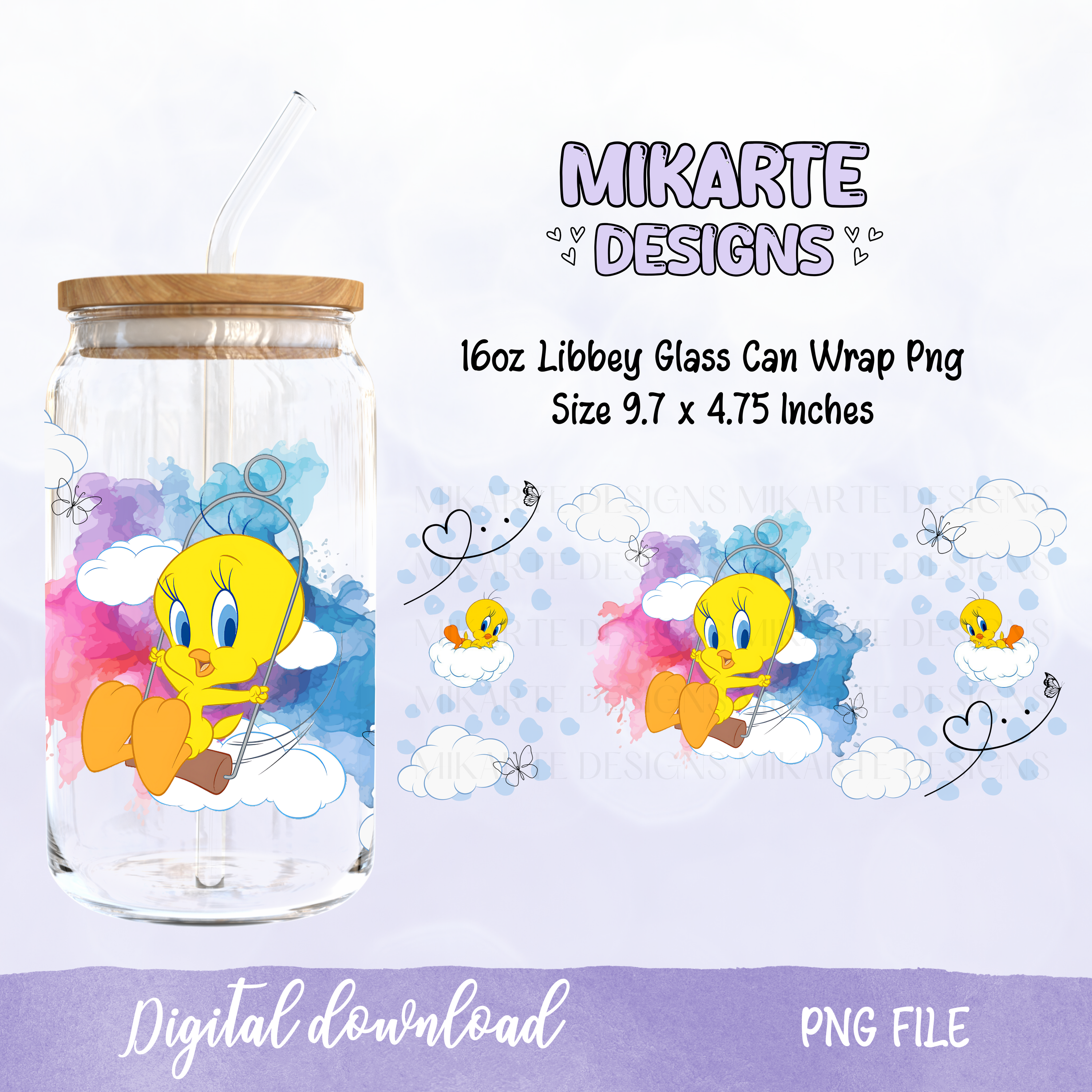 Bonito pajarito | Diseño digital PNG de vaso de cristal de 16 oz