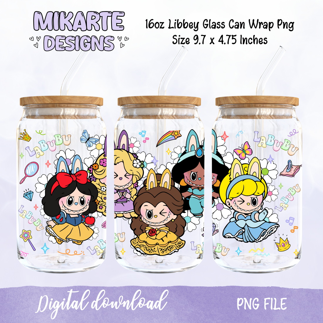 Princesses Dolls | 16oz Glass Can PNG Digital Design