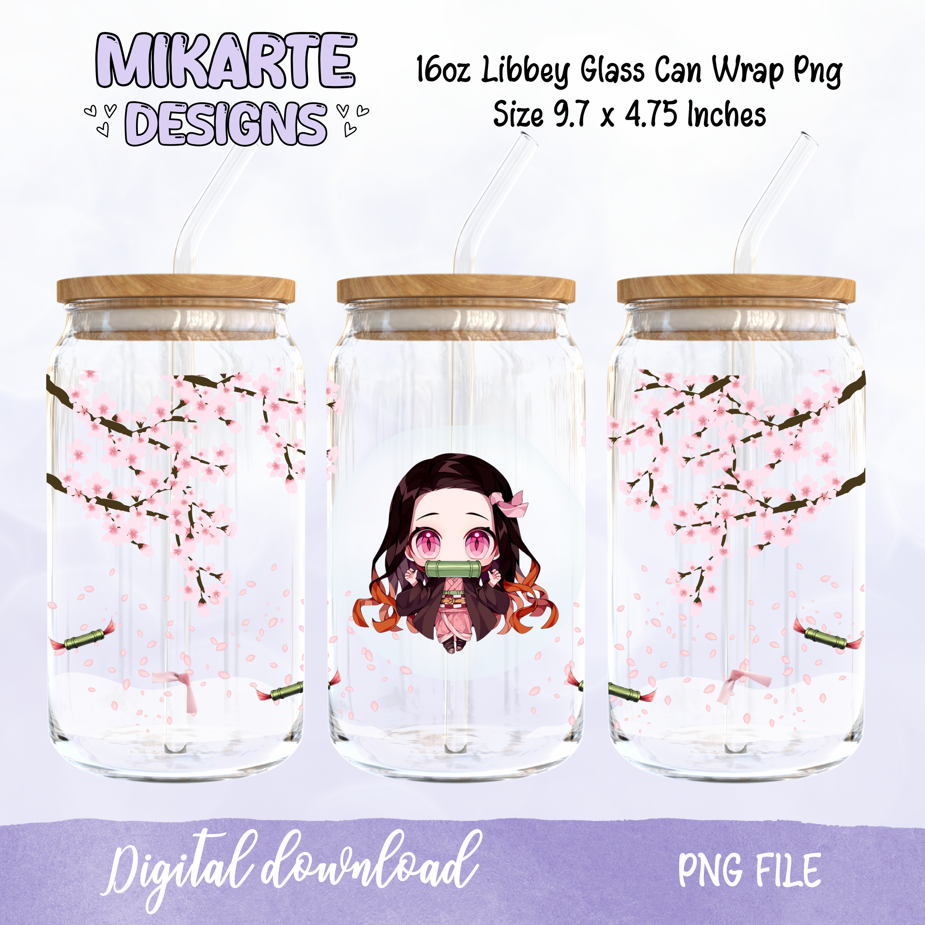Nezuko | Diseño Digital PNG de Vaso de Vidrio de 16oz