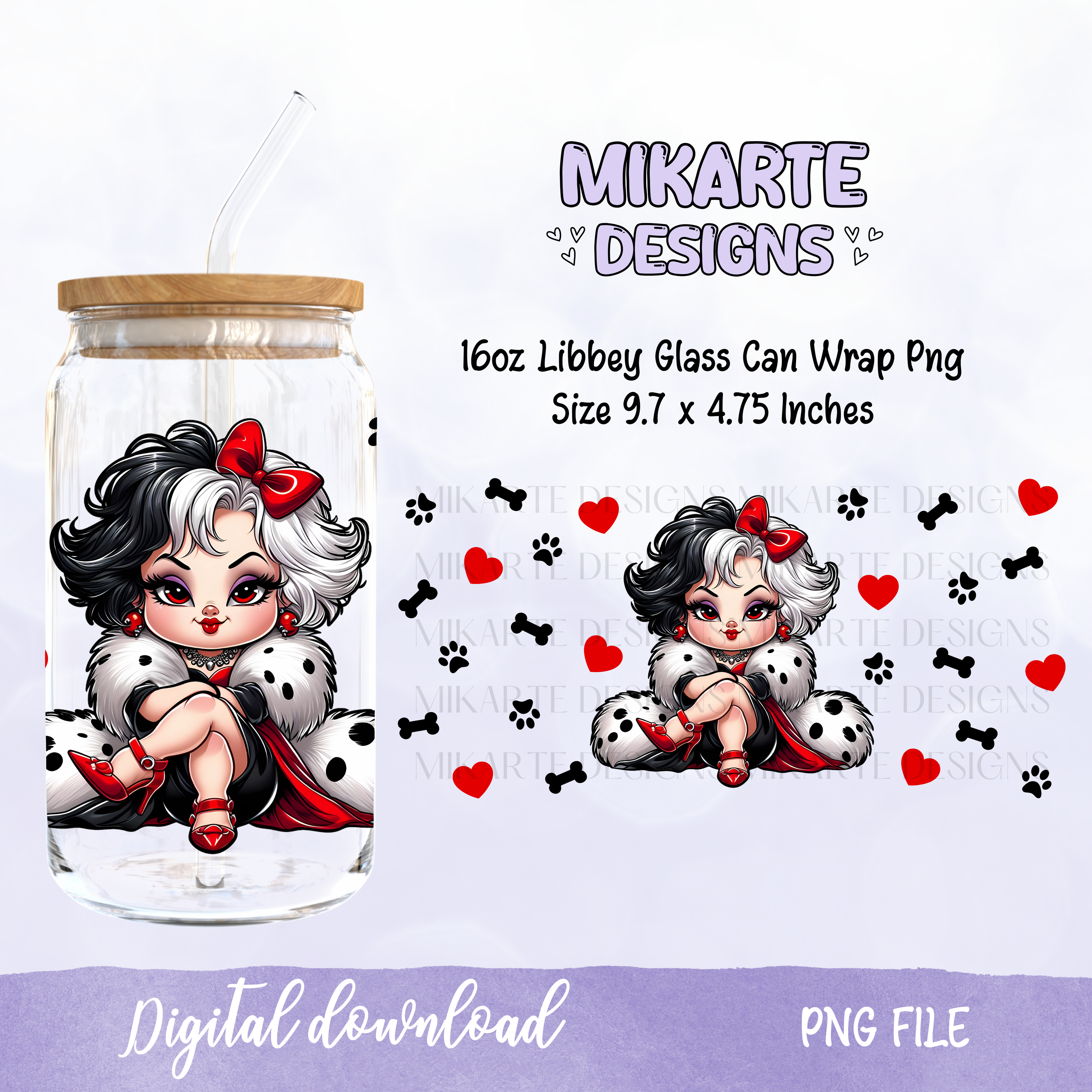 Cruella Malvada | Diseño Digital PNG para Vaso de Vidrio de 16oz