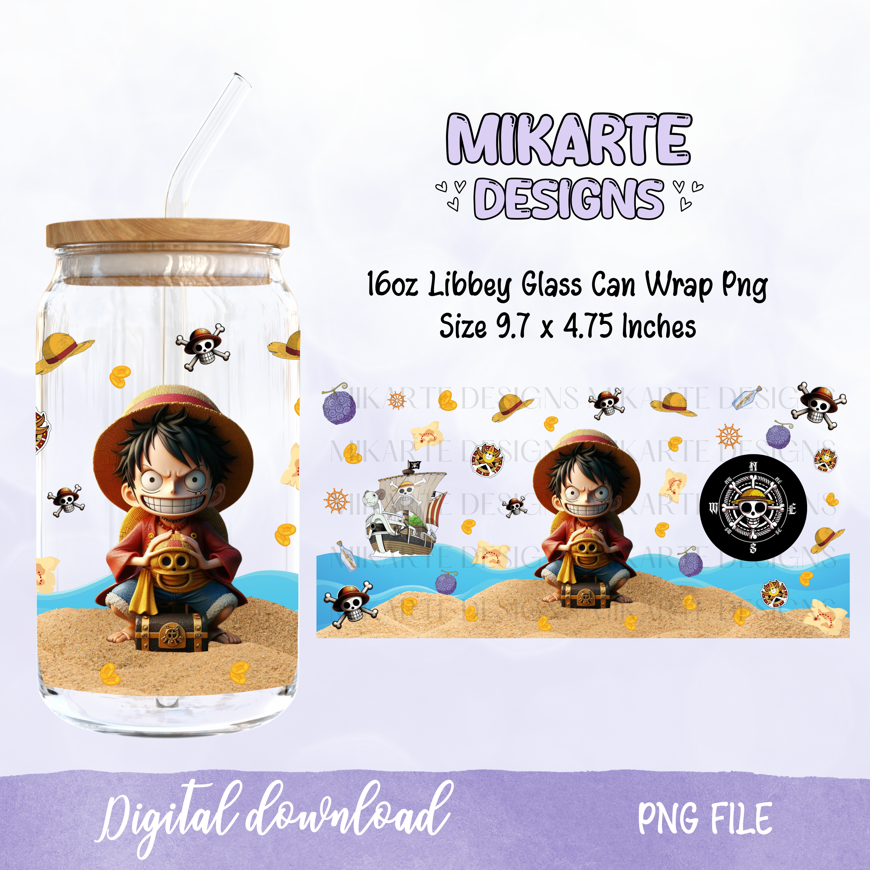 Anime de One Piece | Diseño Digital PNG de Vaso de Cristal de 16oz